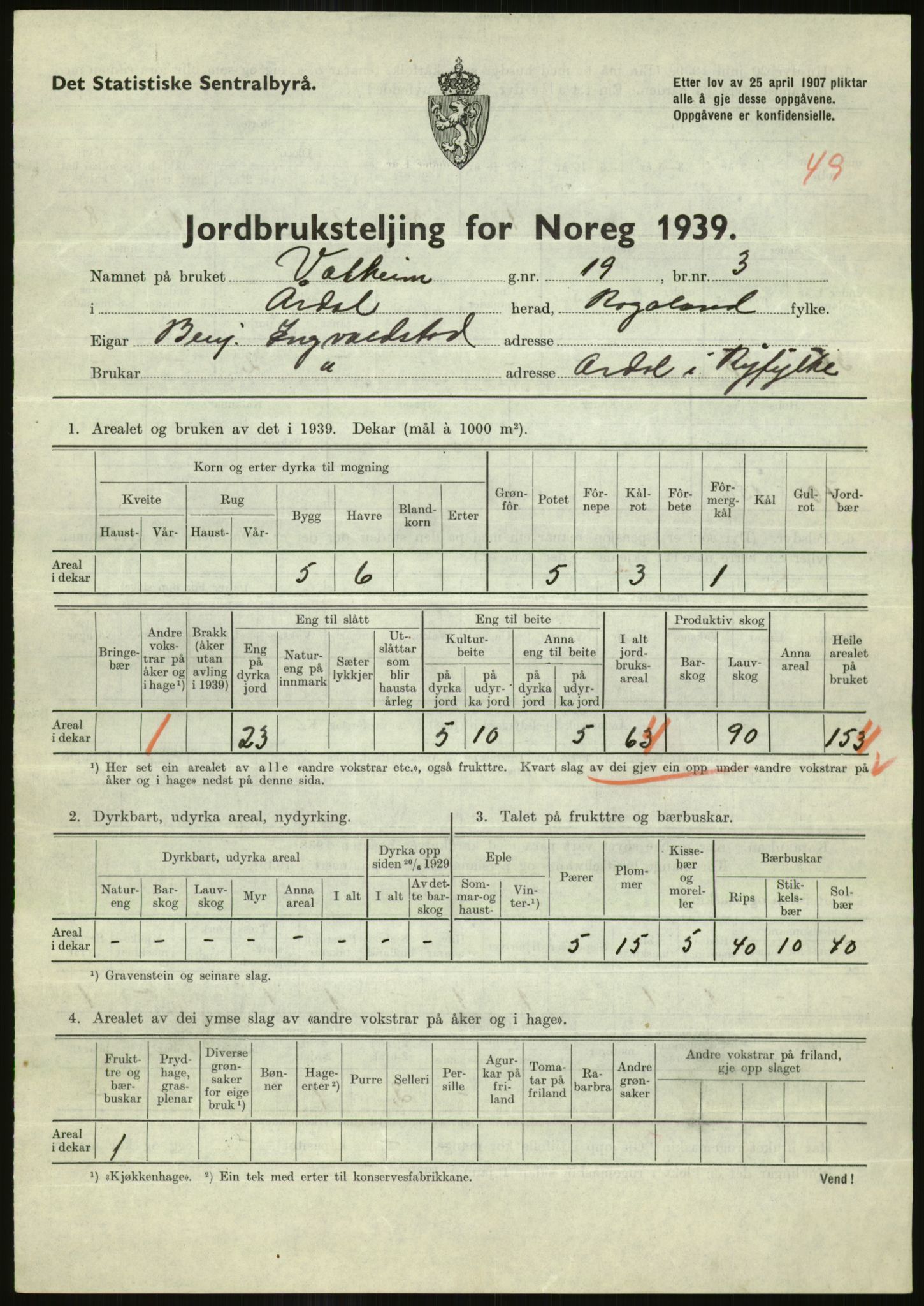 Statistisk sentralbyrå, Næringsøkonomiske emner, Jordbruk, skogbruk, jakt, fiske og fangst, AV/RA-S-2234/G/Gb/L0184: Rogaland: Årdal, Fister og Hjelmeland, 1939, p. 685