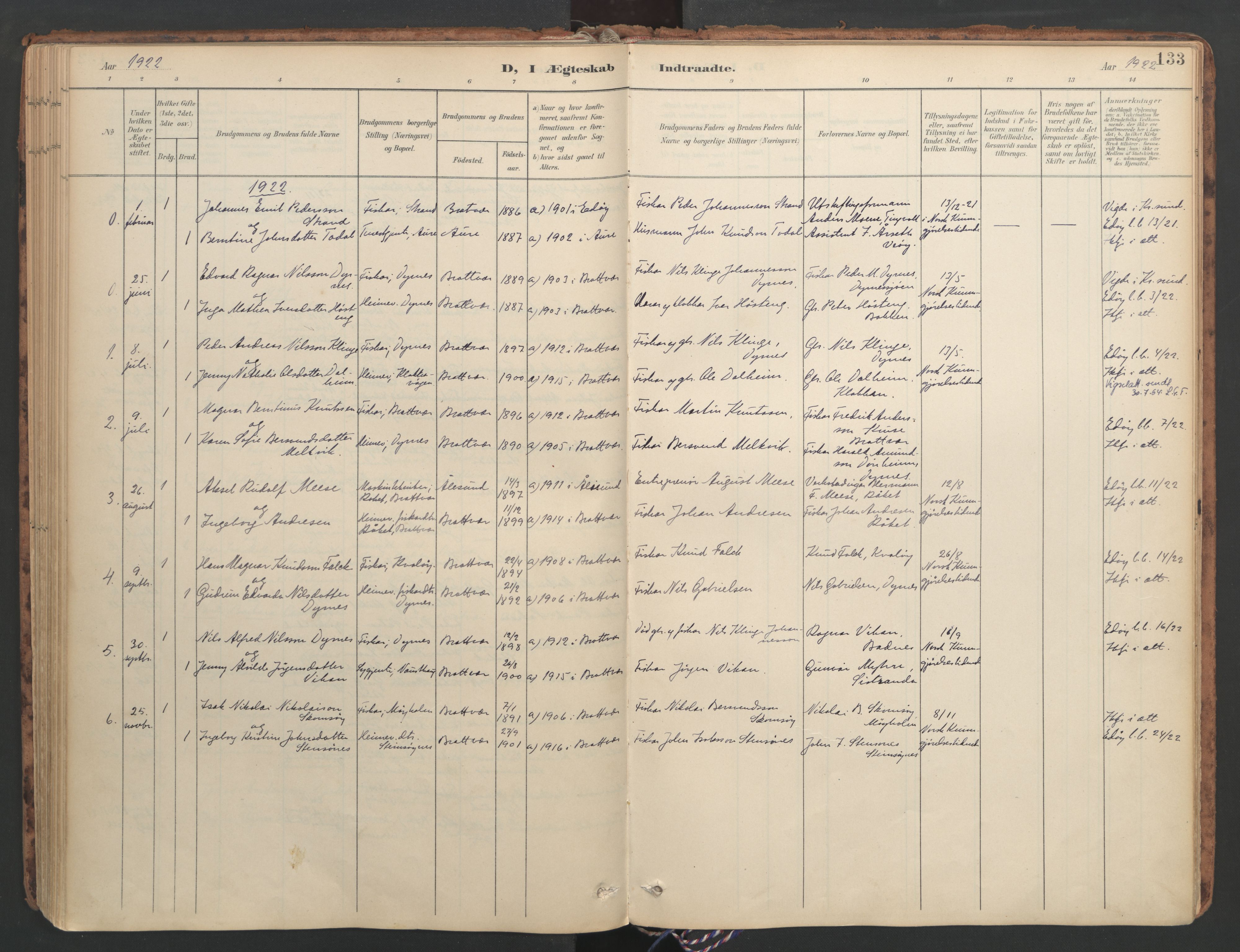 Ministerialprotokoller, klokkerbøker og fødselsregistre - Møre og Romsdal, SAT/A-1454/582/L0948: Parish register (official) no. 582A02, 1901-1922, p. 133