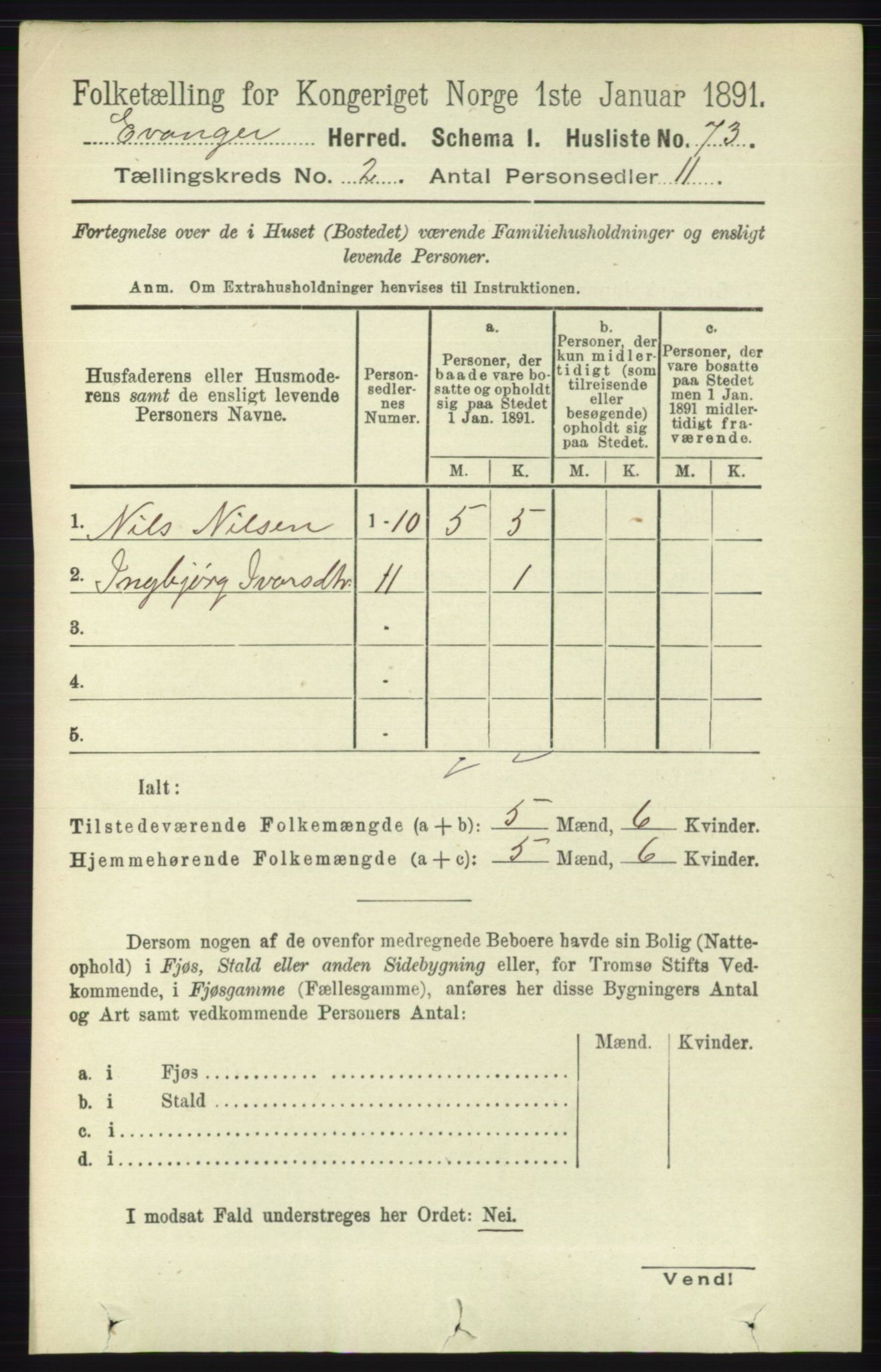 RA, 1891 census for 1237 Evanger, 1891, p. 327