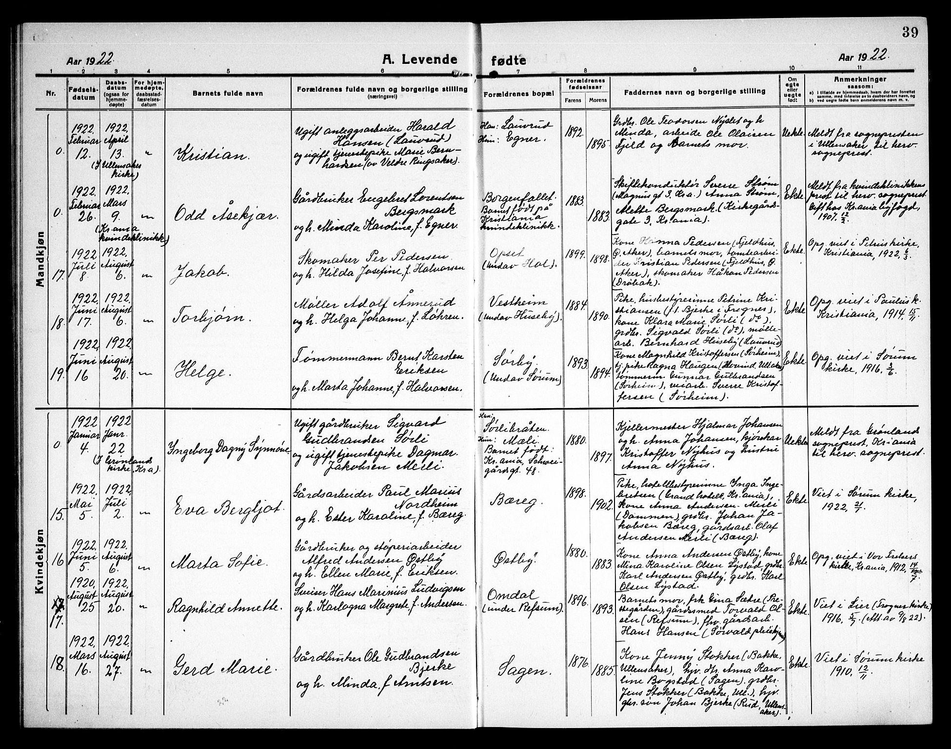Sørum prestekontor Kirkebøker, AV/SAO-A-10303/G/Ga/L0008: Parish register (copy) no. I 8, 1917-1934, p. 39