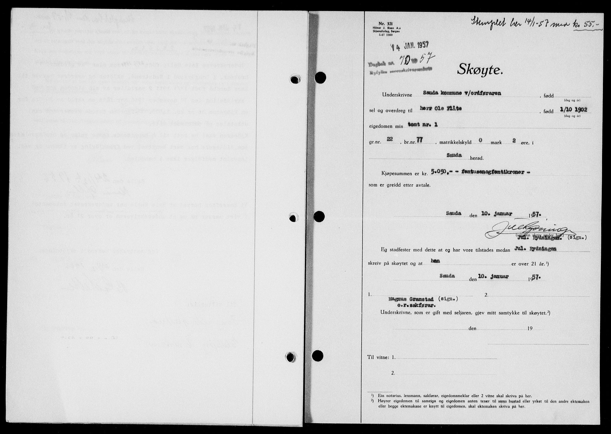 Ryfylke tingrett, AV/SAST-A-100055/001/II/IIB/L0135: Mortgage book no. 114, 1956-1957, Diary no: : 70/1957