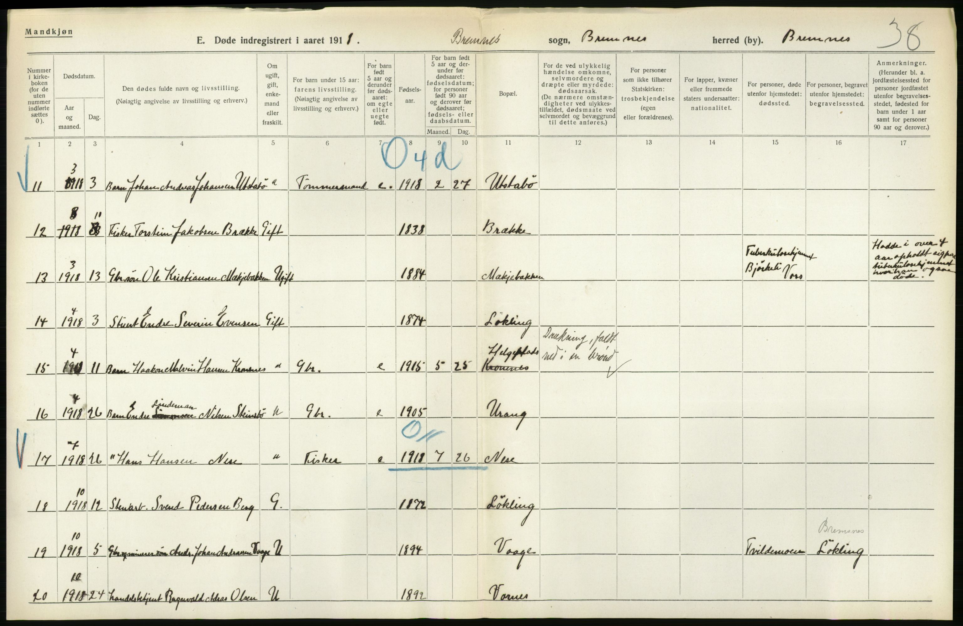 Statistisk sentralbyrå, Sosiodemografiske emner, Befolkning, AV/RA-S-2228/D/Df/Dfb/Dfbh/L0036: Hordaland fylke: Døde., 1918, p. 68