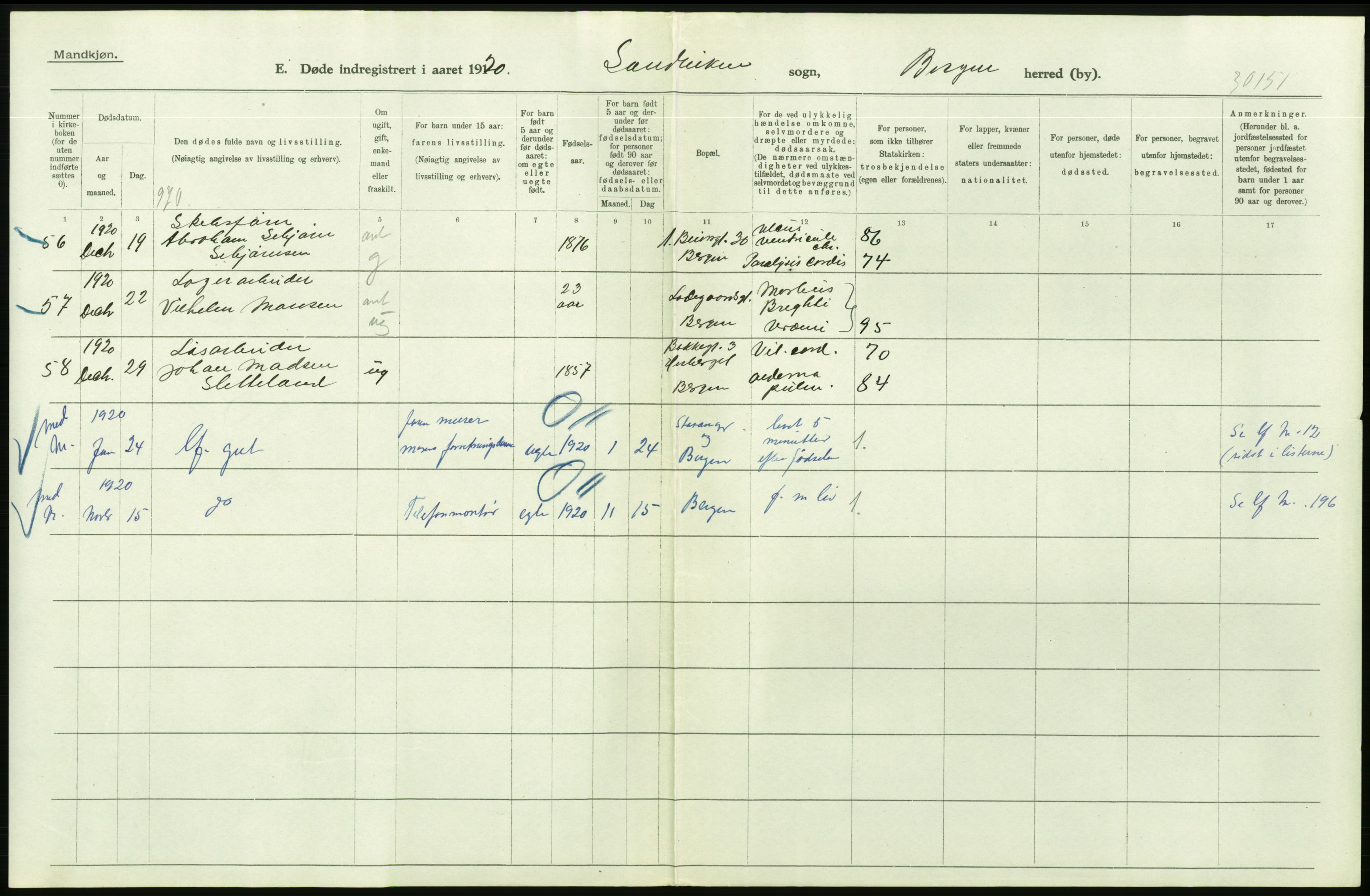 Statistisk sentralbyrå, Sosiodemografiske emner, Befolkning, AV/RA-S-2228/D/Df/Dfb/Dfbj/L0042: Bergen: Gifte, døde, dødfødte., 1920, p. 452