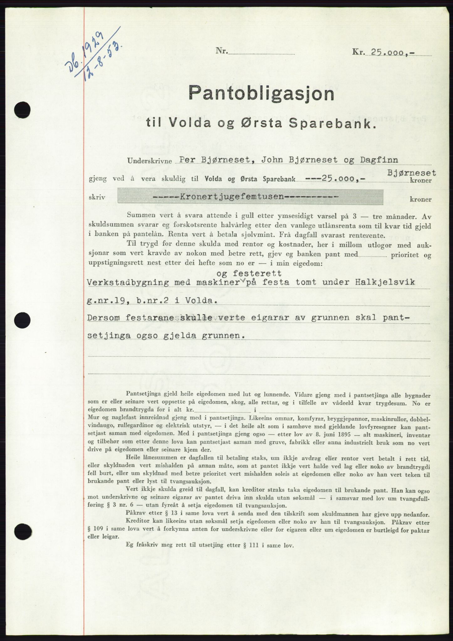 Søre Sunnmøre sorenskriveri, AV/SAT-A-4122/1/2/2C/L0123: Mortgage book no. 11B, 1953-1953, Diary no: : 1929/1953