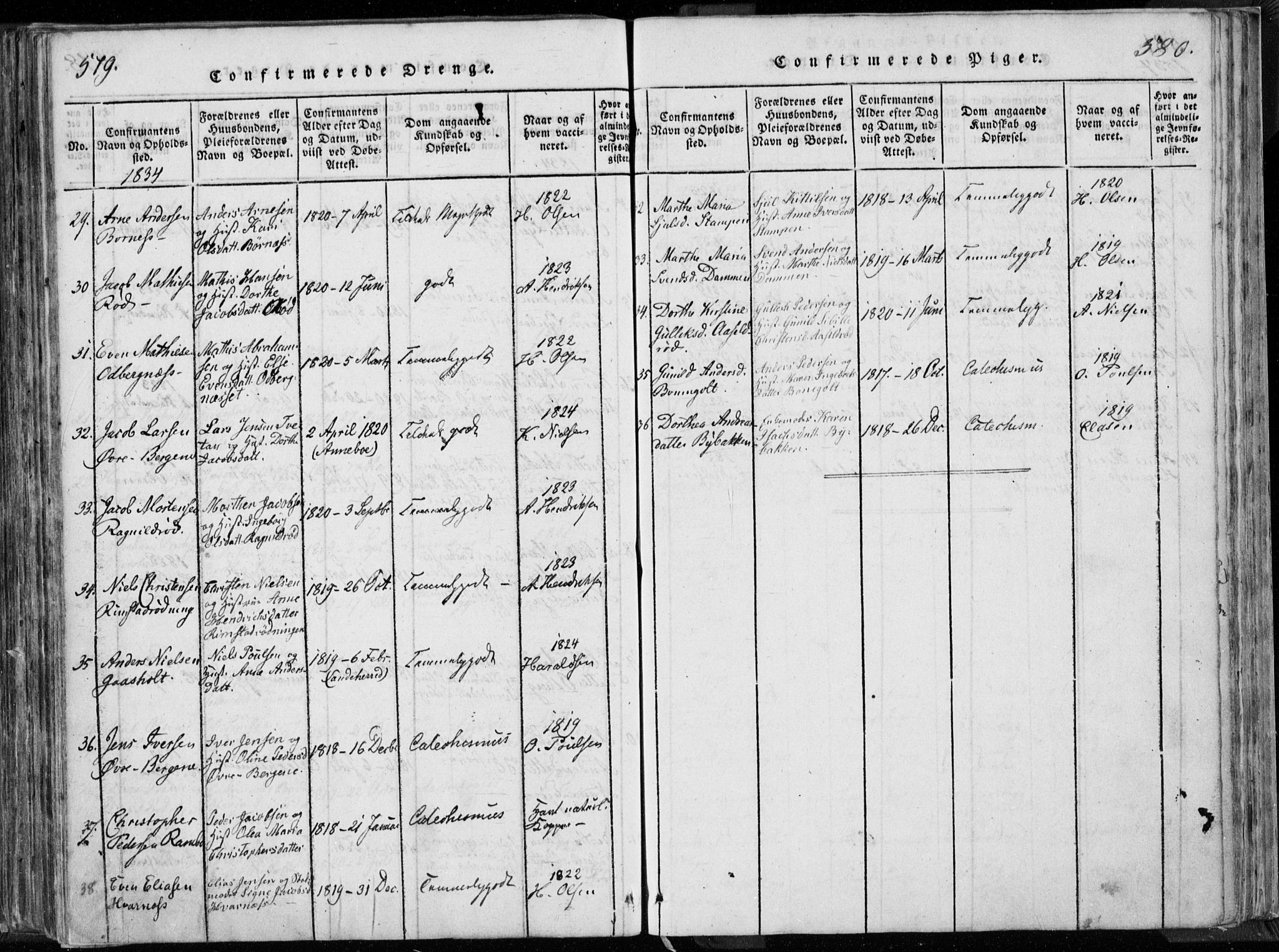 Hedrum kirkebøker, AV/SAKO-A-344/F/Fa/L0004: Parish register (official) no. I 4, 1817-1835, p. 579-580