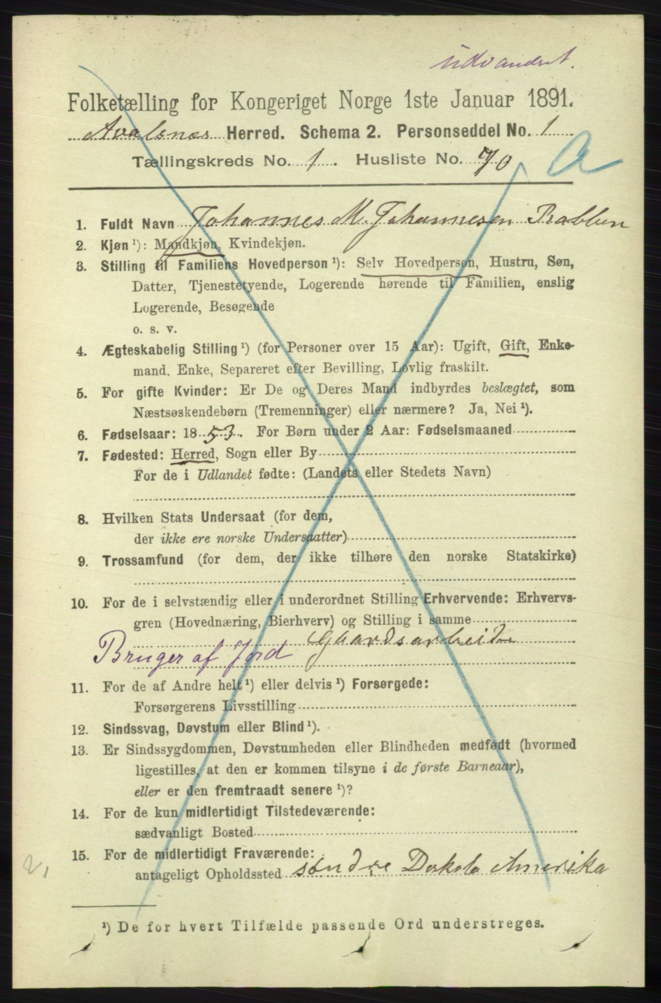 RA, 1891 census for 1147 Avaldsnes, 1891, p. 539