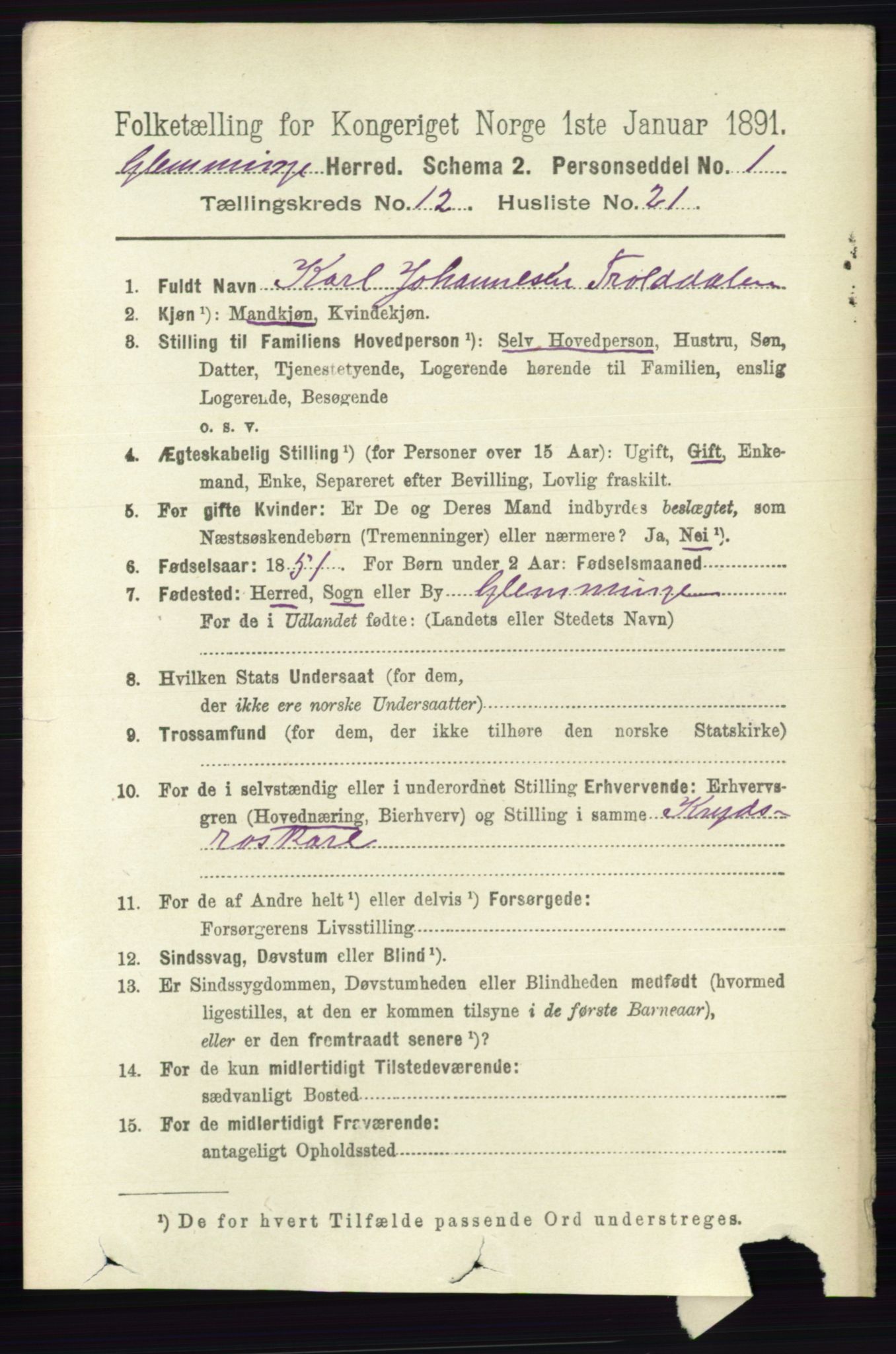 RA, 1891 census for 0132 Glemmen, 1891, p. 10940