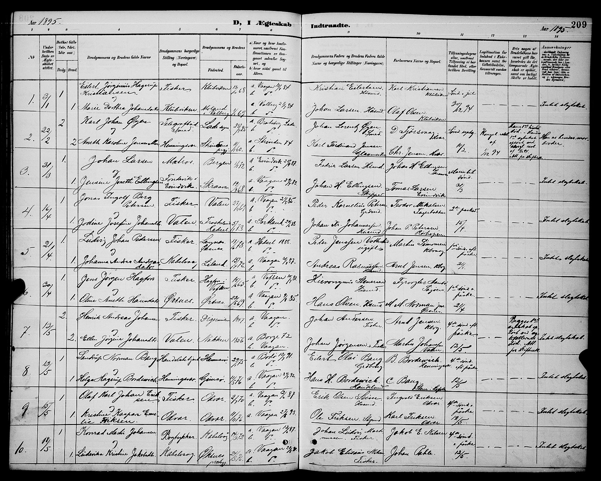 Ministerialprotokoller, klokkerbøker og fødselsregistre - Nordland, AV/SAT-A-1459/874/L1077: Parish register (copy) no. 874C06, 1891-1900, p. 209