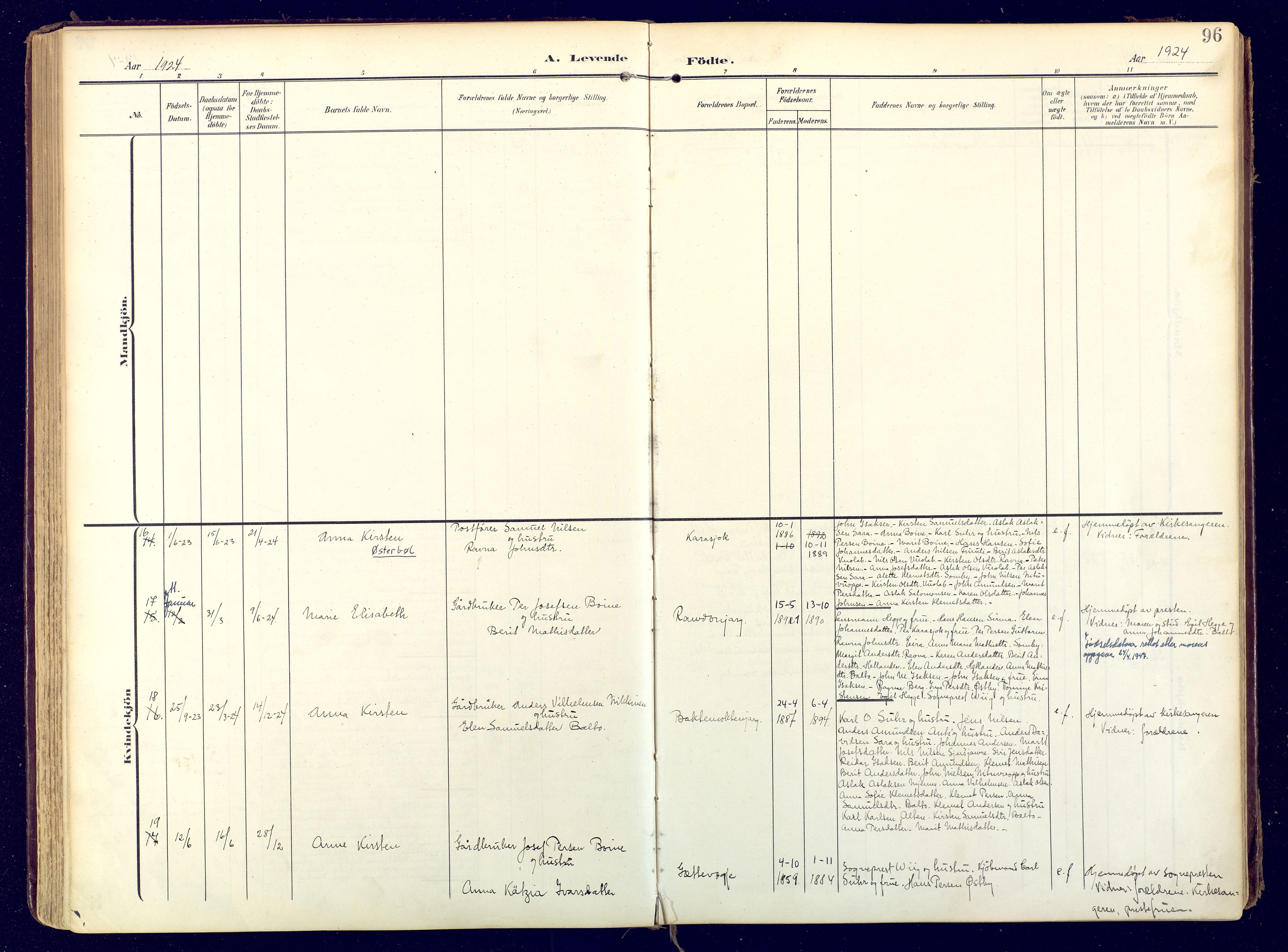 Karasjok sokneprestkontor, AV/SATØ-S-1352/H/Ha: Parish register (official) no. 3, 1907-1926, p. 96