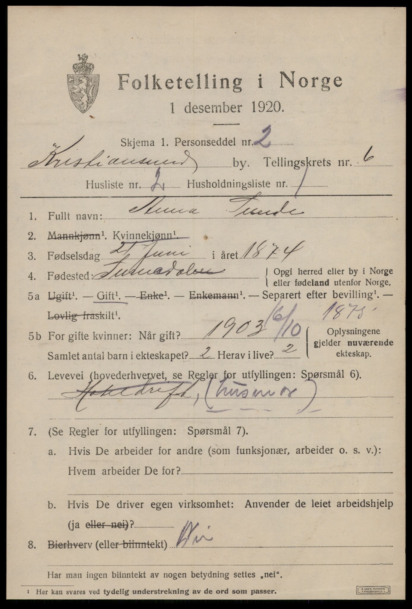 SAT, 1920 census for Kristiansund, 1920, p. 17039