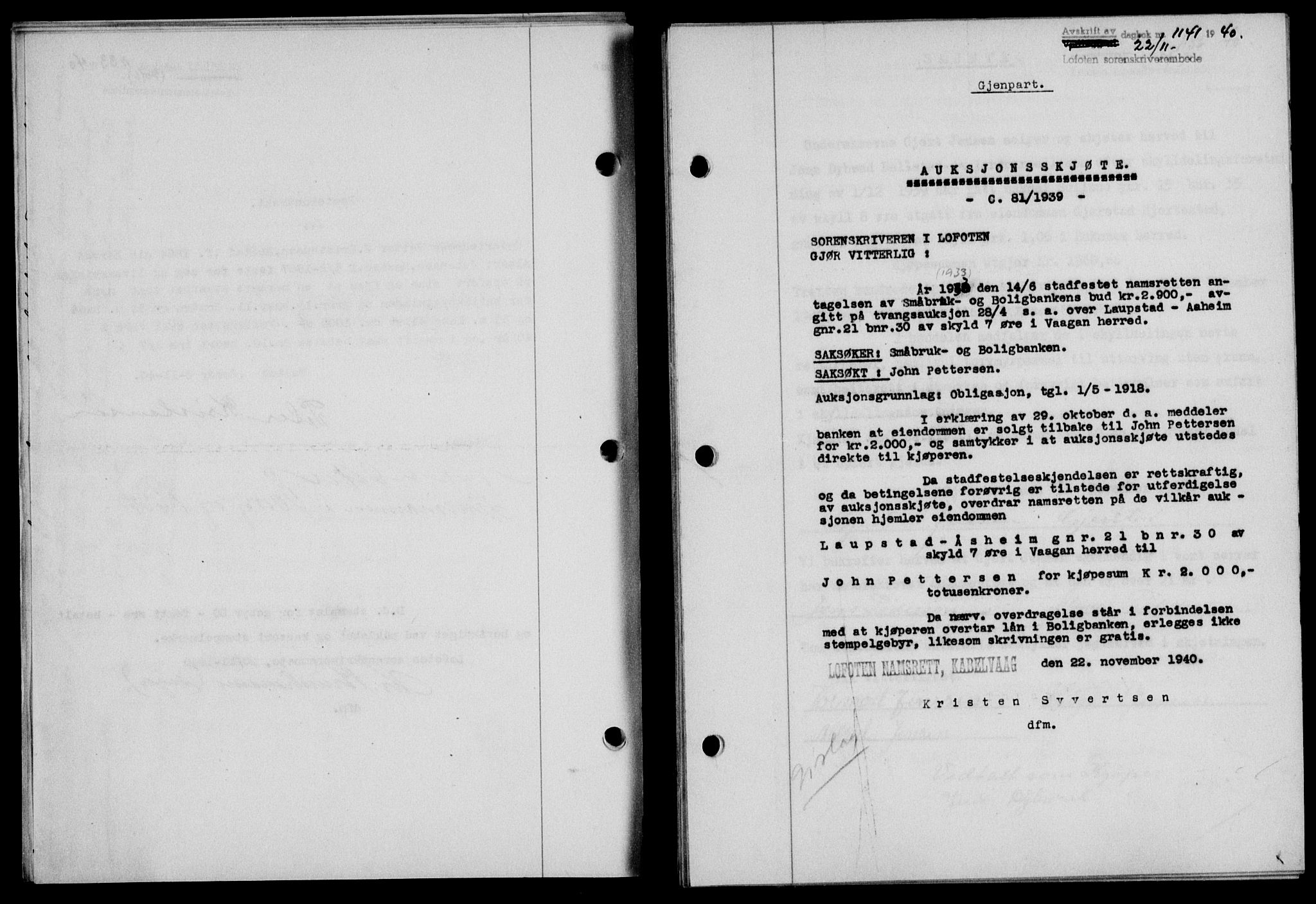 Lofoten sorenskriveri, SAT/A-0017/1/2/2C/L0008a: Mortgage book no. 8a, 1940-1941, Diary no: : 1141/1940