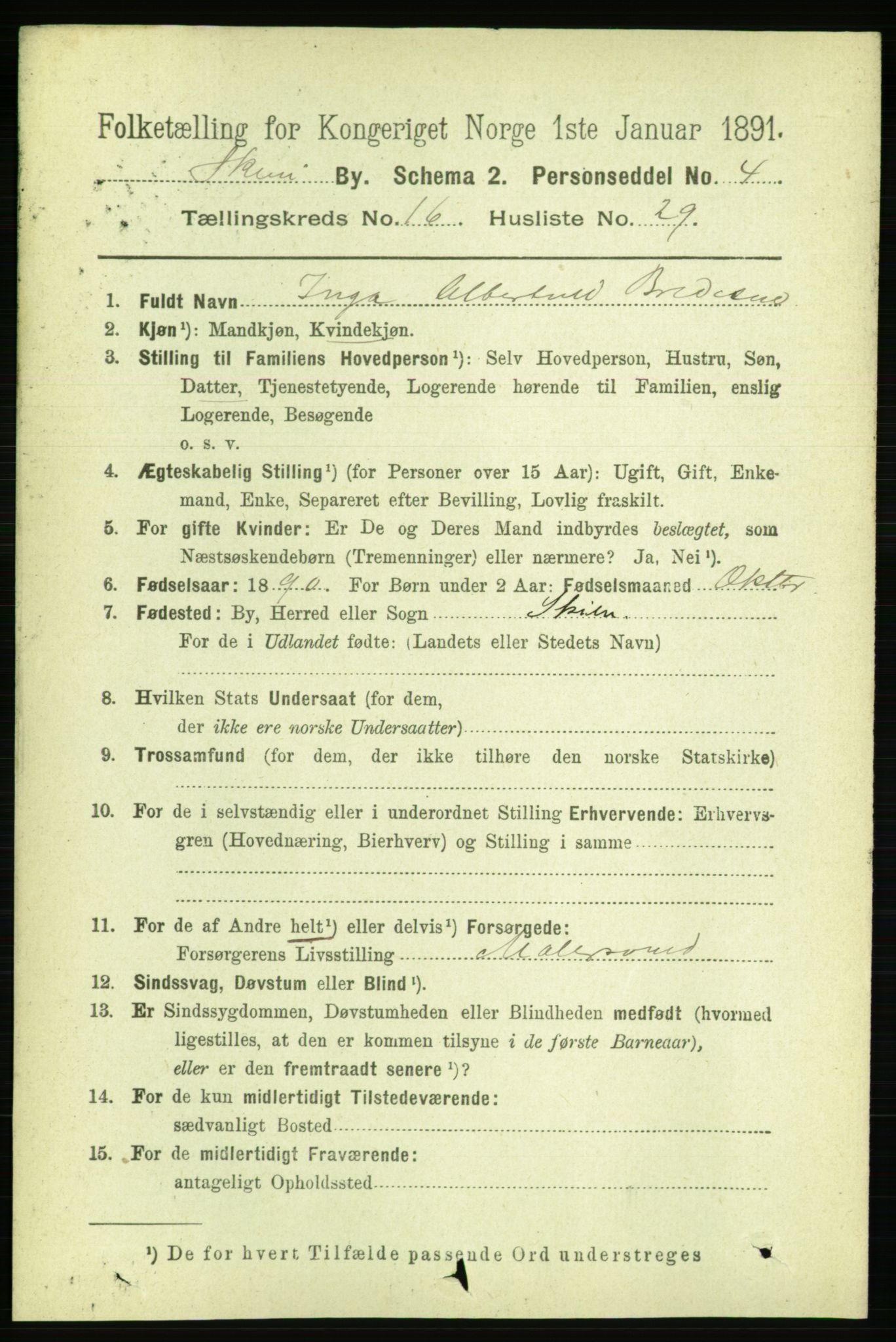 RA, 1891 census for 0806 Skien, 1891, p. 4807