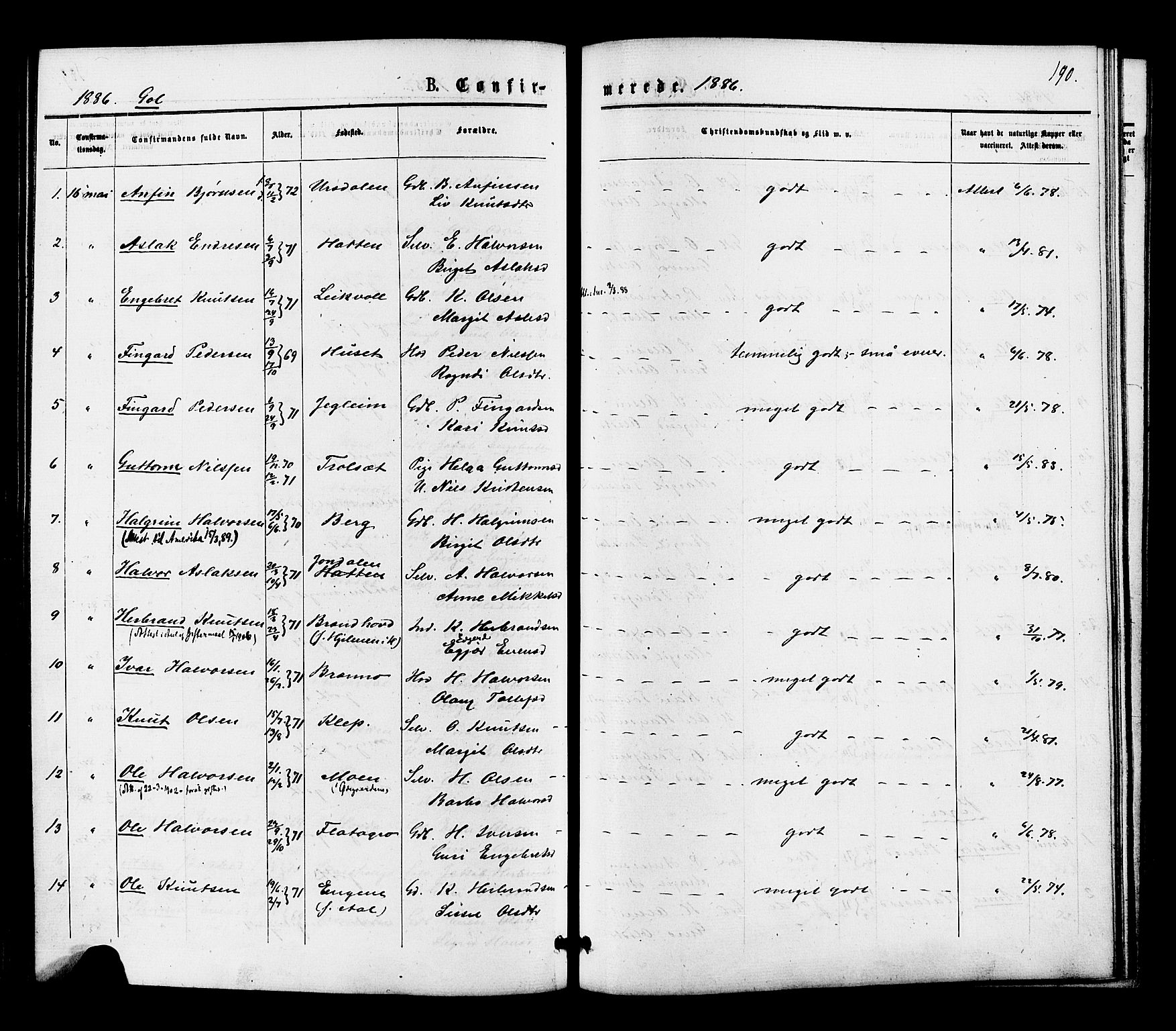 Gol kirkebøker, SAKO/A-226/F/Fa/L0004: Parish register (official) no. I 4, 1876-1886, p. 190