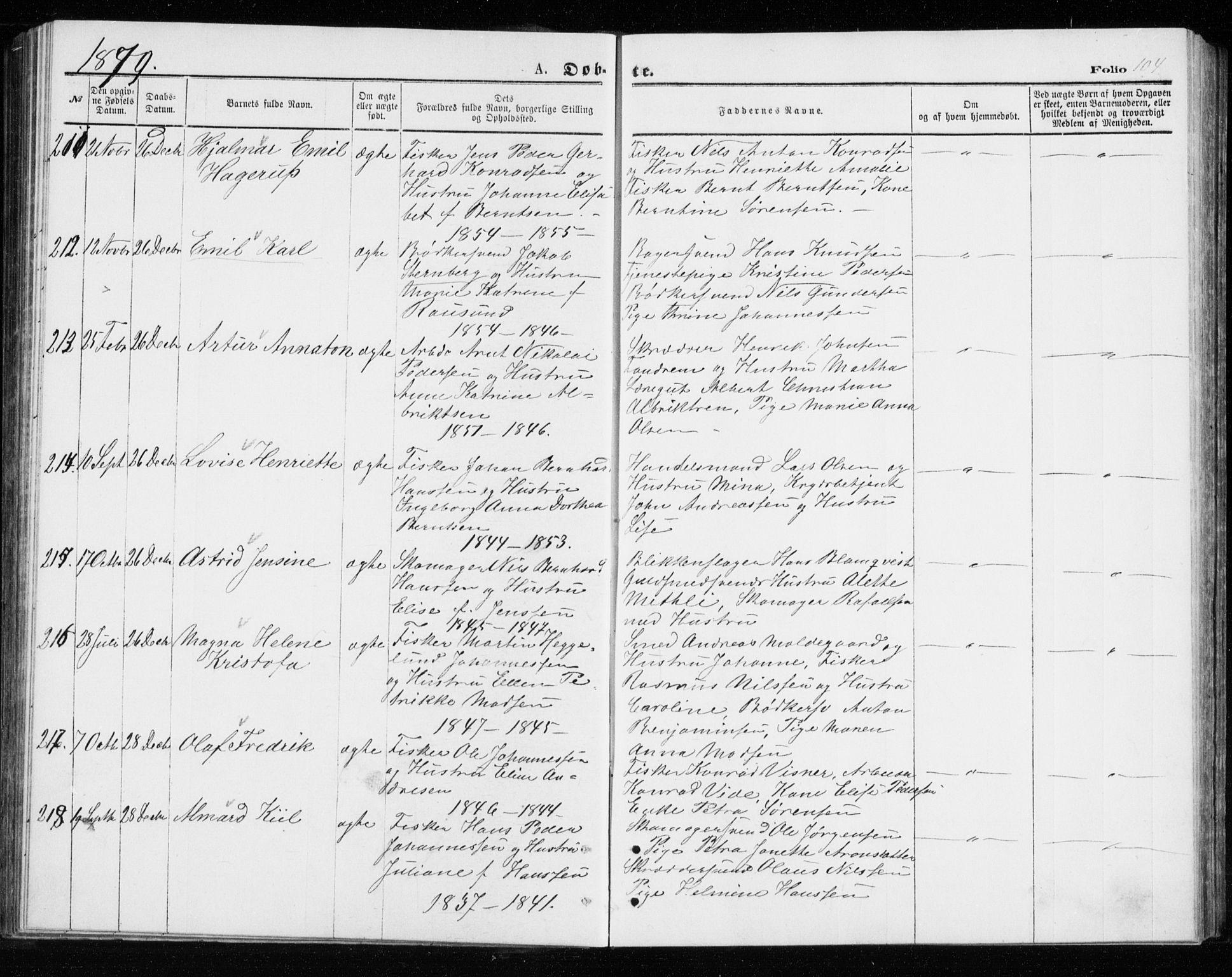 Tromsø sokneprestkontor/stiftsprosti/domprosti, AV/SATØ-S-1343/G/Gb/L0008klokker: Parish register (copy) no. 8, 1875-1879, p. 104