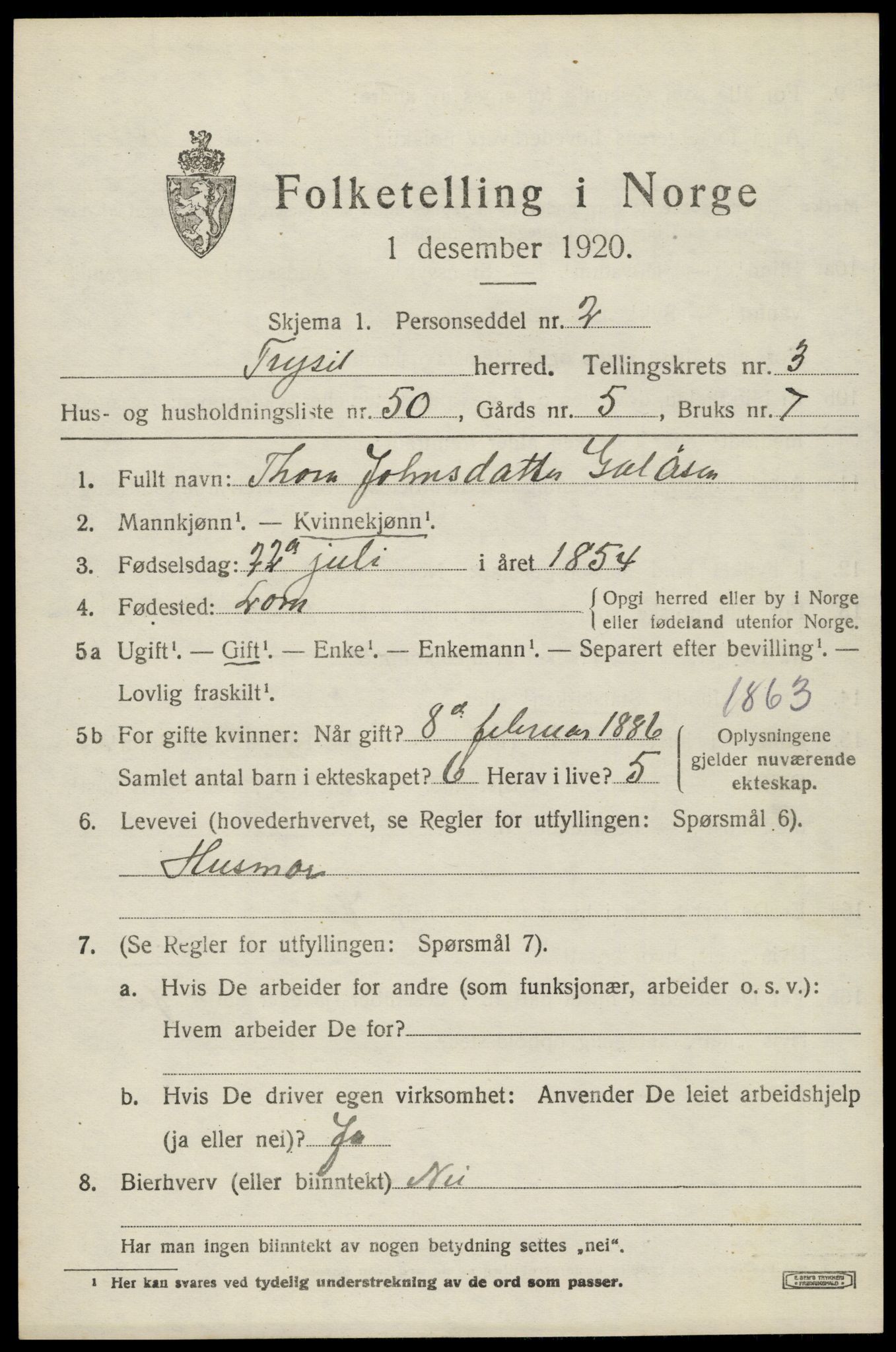 SAH, 1920 census for Trysil, 1920, p. 4067