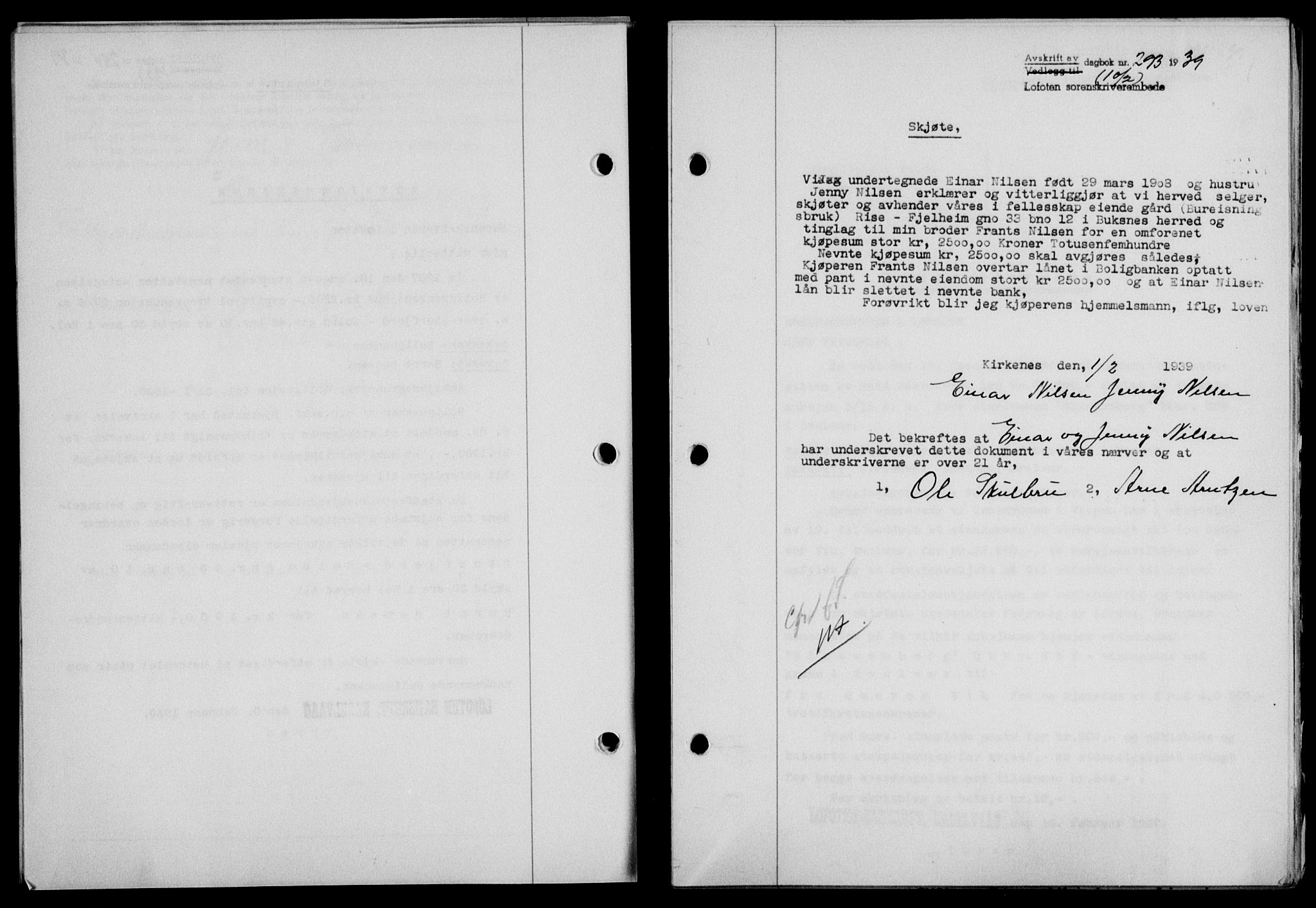 Lofoten sorenskriveri, SAT/A-0017/1/2/2C/L0005a: Mortgage book no. 5a, 1939-1939, Diary no: : 293/1939