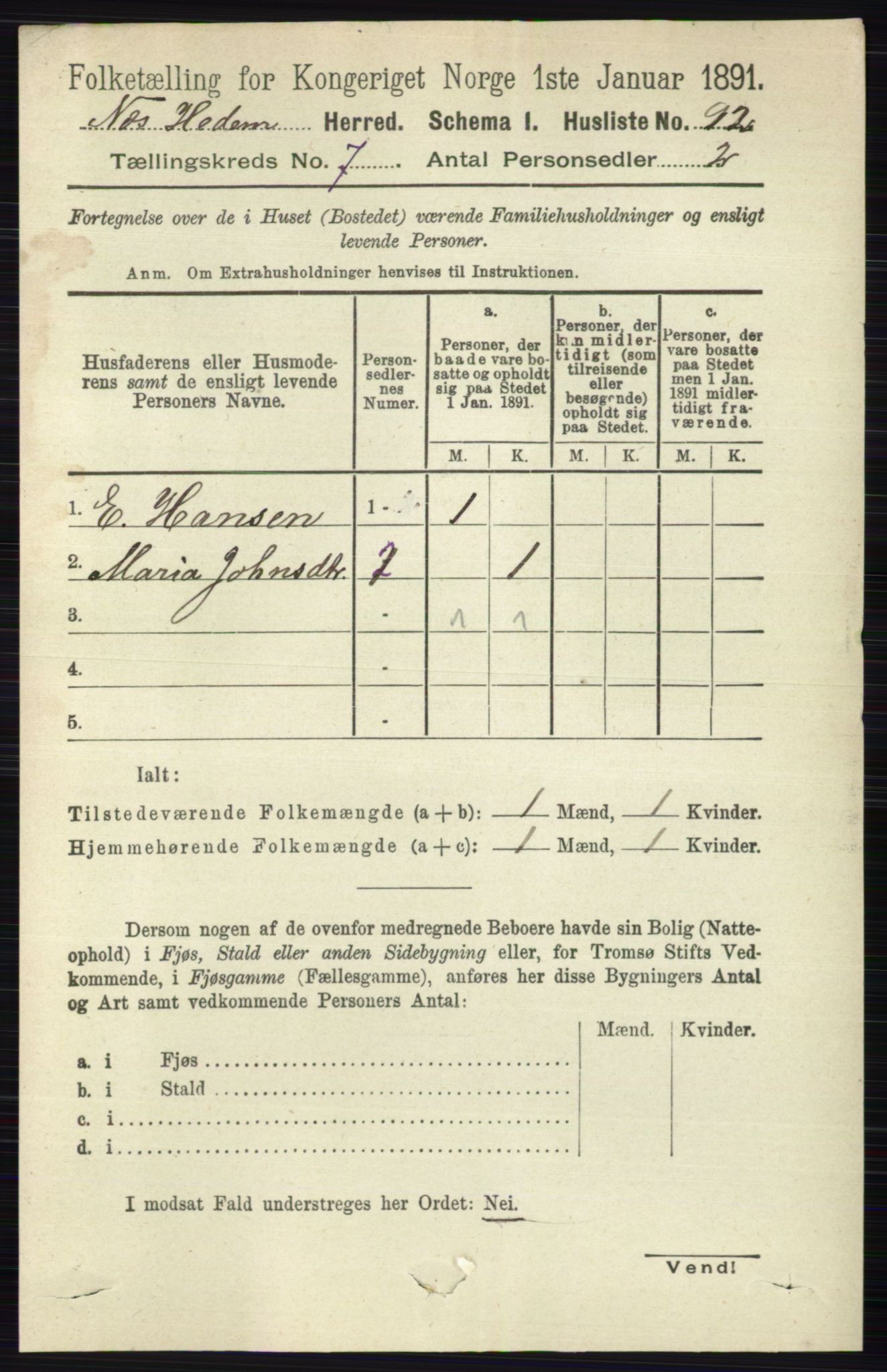 RA, 1891 census for 0411 Nes, 1891, p. 3921