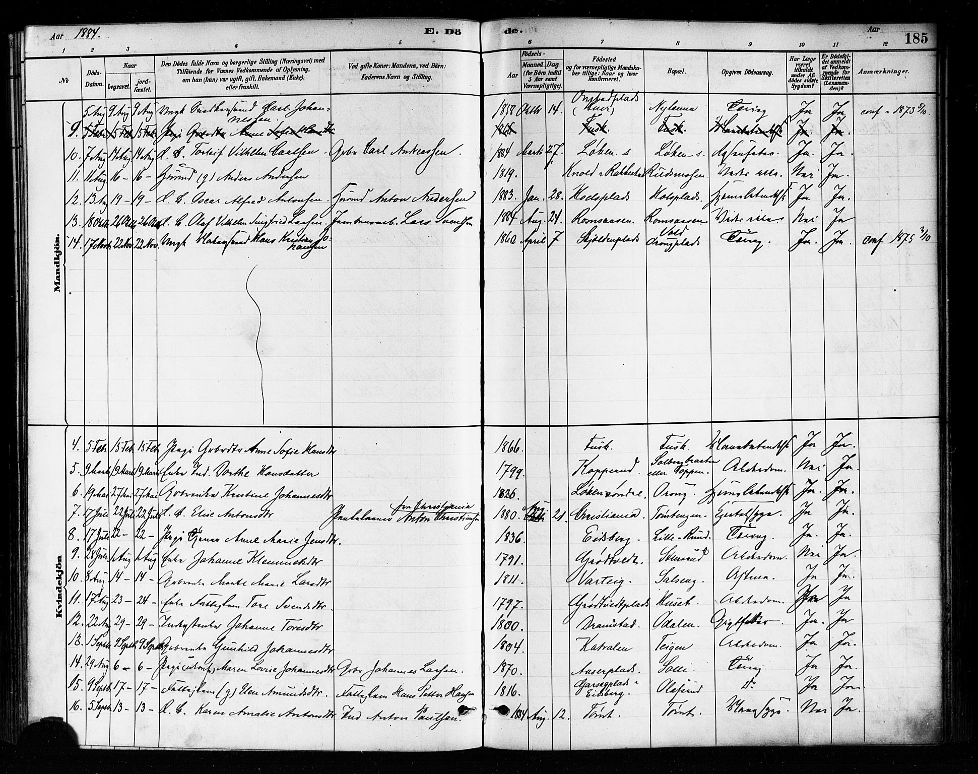 Askim prestekontor Kirkebøker, SAO/A-10900/F/Fa/L0007: Parish register (official) no. 7, 1882-1897, p. 185