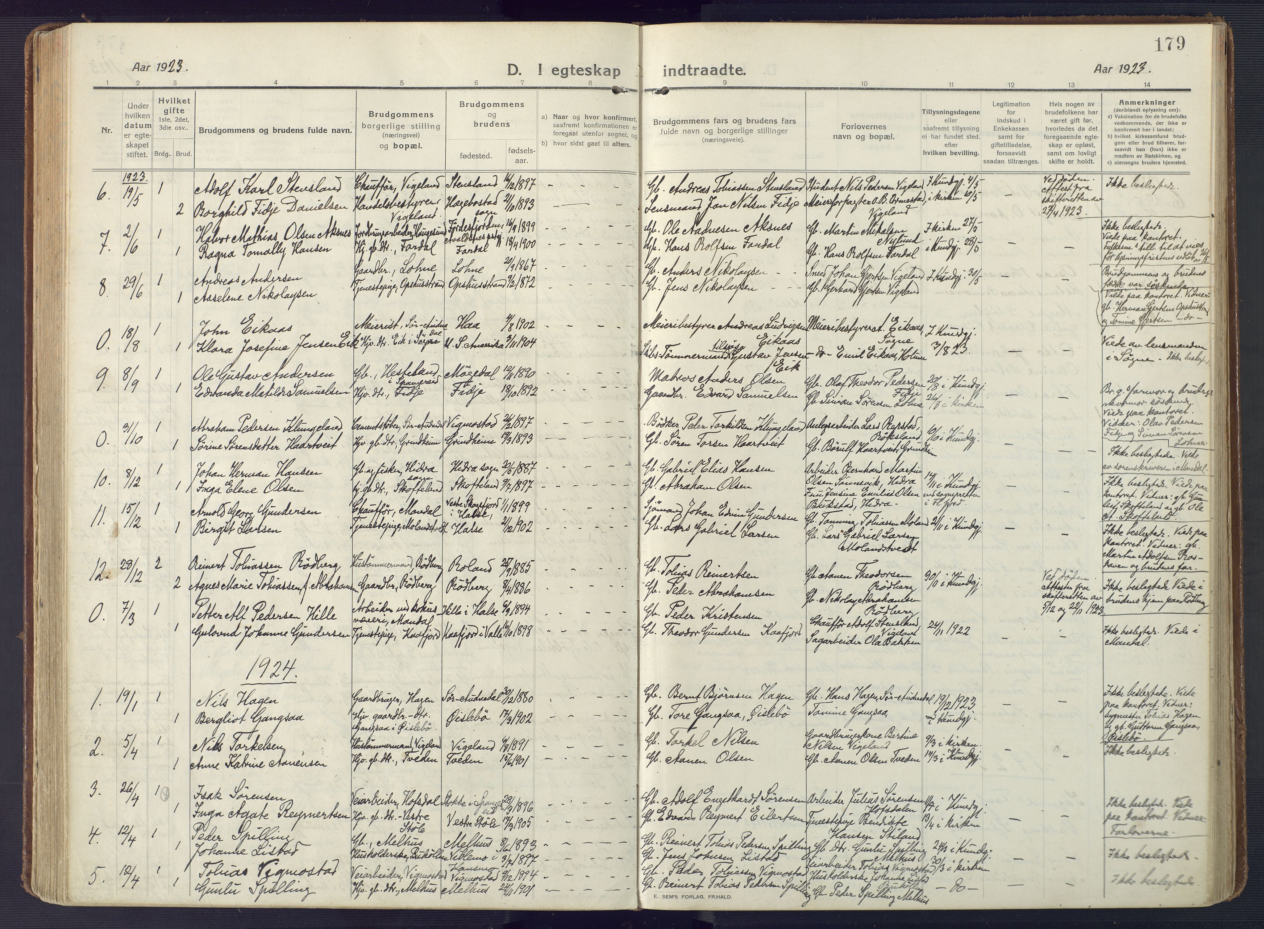 Sør-Audnedal sokneprestkontor, AV/SAK-1111-0039/F/Fa/Fab/L0011: Parish register (official) no. A 11, 1912-1938, p. 179