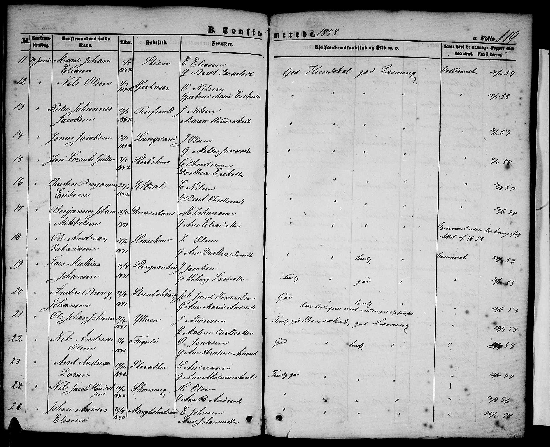Ministerialprotokoller, klokkerbøker og fødselsregistre - Nordland, SAT/A-1459/827/L0414: Parish register (copy) no. 827C03, 1853-1865, p. 119