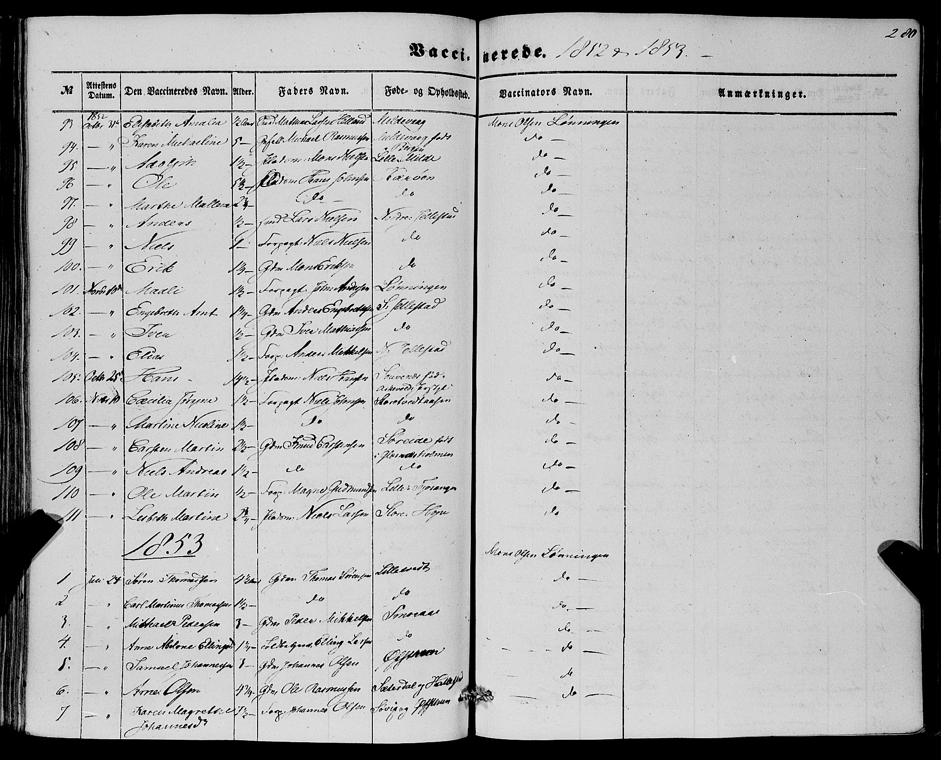 Fana Sokneprestembete, SAB/A-75101/H/Haa/Haaa/L0011: Parish register (official) no. A 11, 1851-1862, p. 280