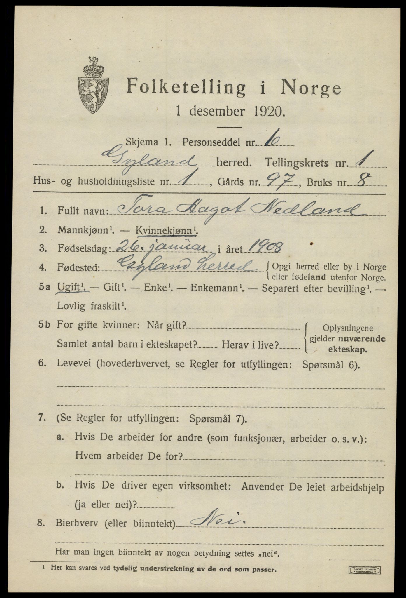 SAK, 1920 census for Gyland, 1920, p. 462