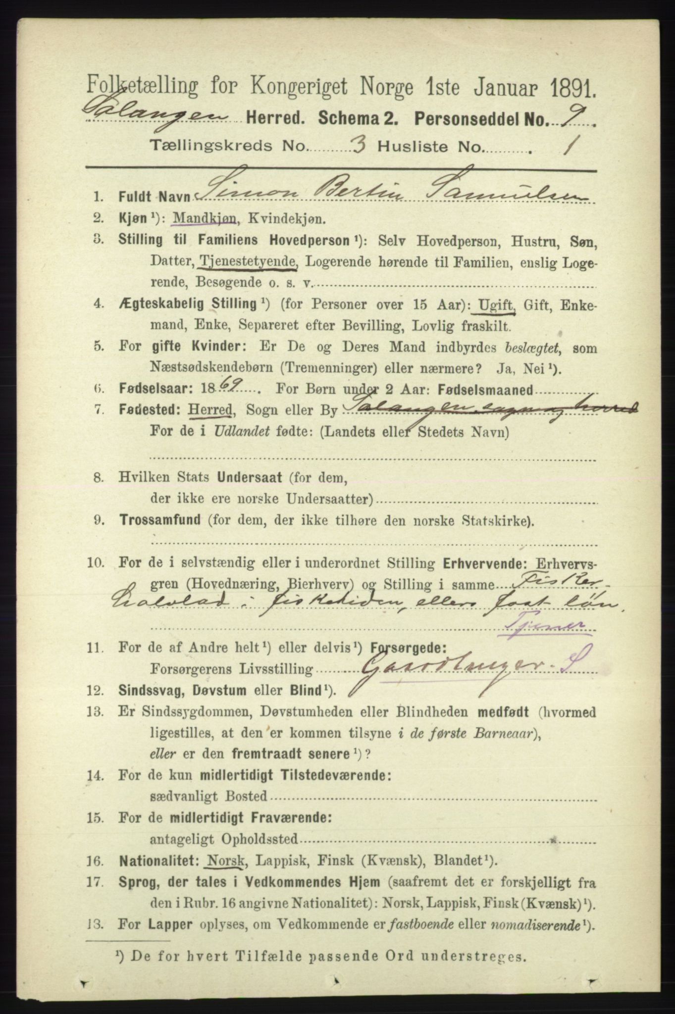 RA, 1891 census for 1921 Salangen, 1891, p. 1237