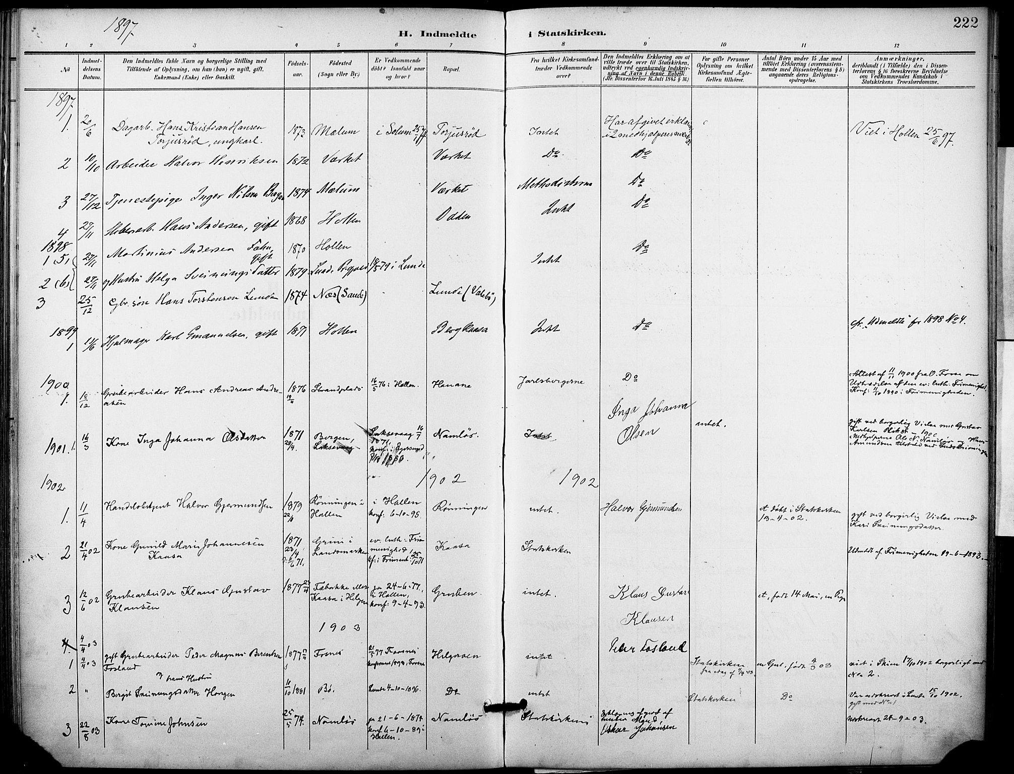 Holla kirkebøker, AV/SAKO-A-272/F/Fa/L0010: Parish register (official) no. 10, 1897-1907, p. 222