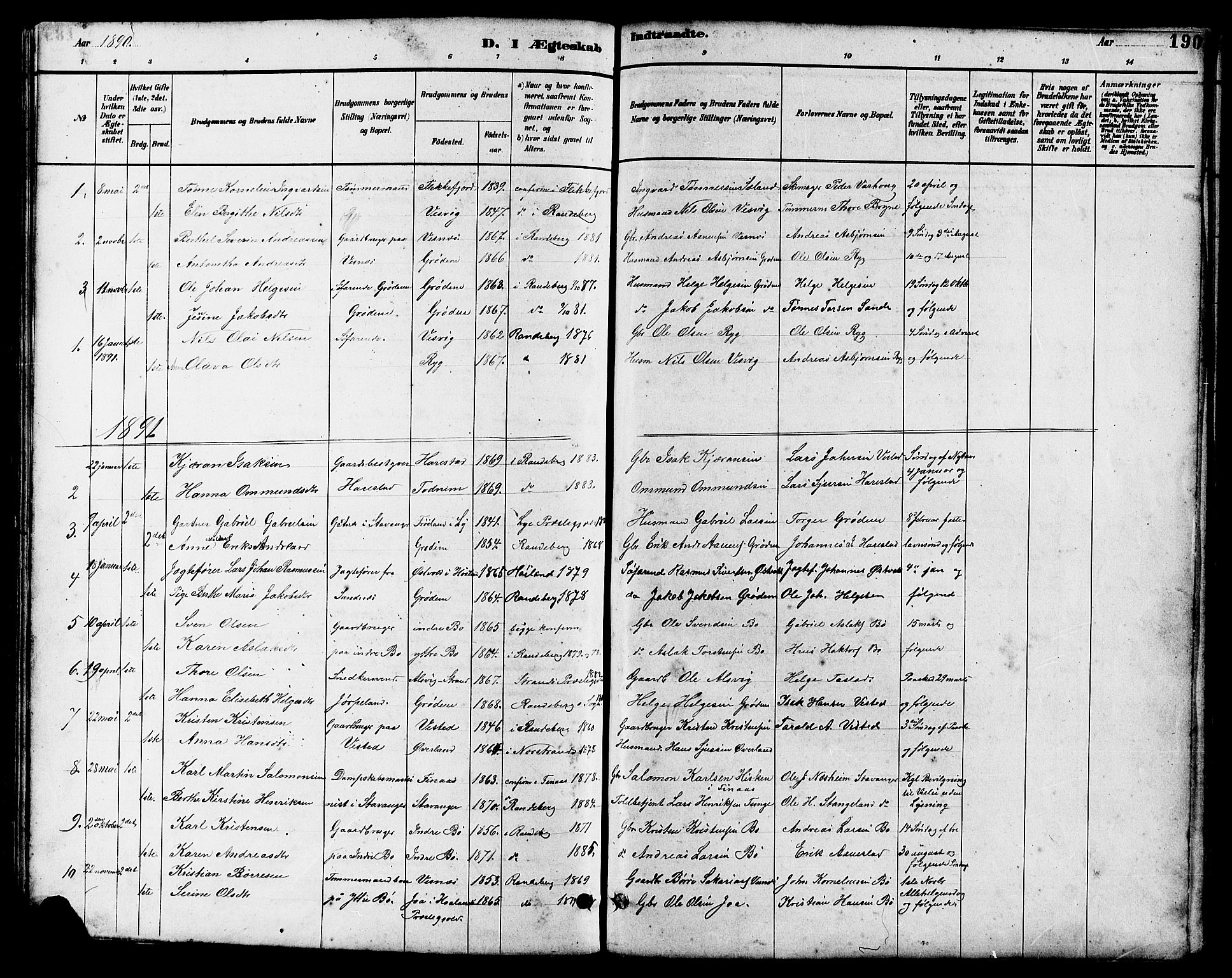 Hetland sokneprestkontor, AV/SAST-A-101826/30/30BB/L0006: Parish register (copy) no. B 6, 1878-1921, p. 190