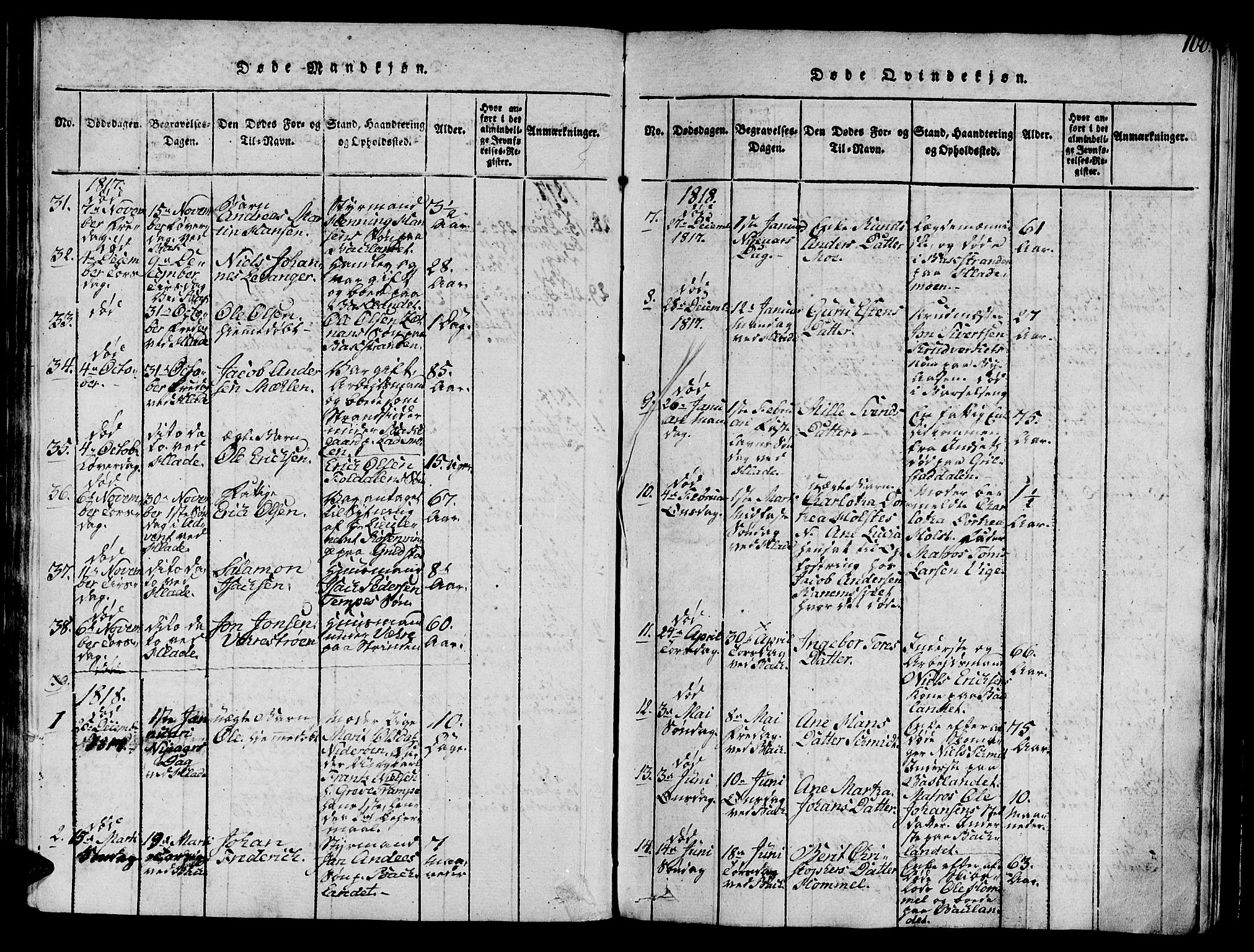 Ministerialprotokoller, klokkerbøker og fødselsregistre - Sør-Trøndelag, SAT/A-1456/606/L0307: Parish register (copy) no. 606C03, 1817-1824, p. 100