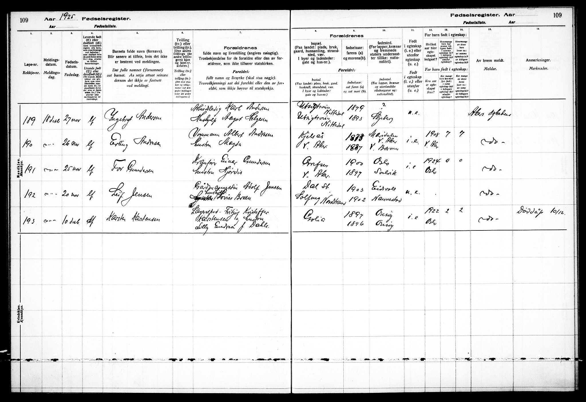 Østre Aker prestekontor Kirkebøker, AV/SAO-A-10840/J/Ja/L0002: Birth register no. I 2, 1923-1927, p. 109