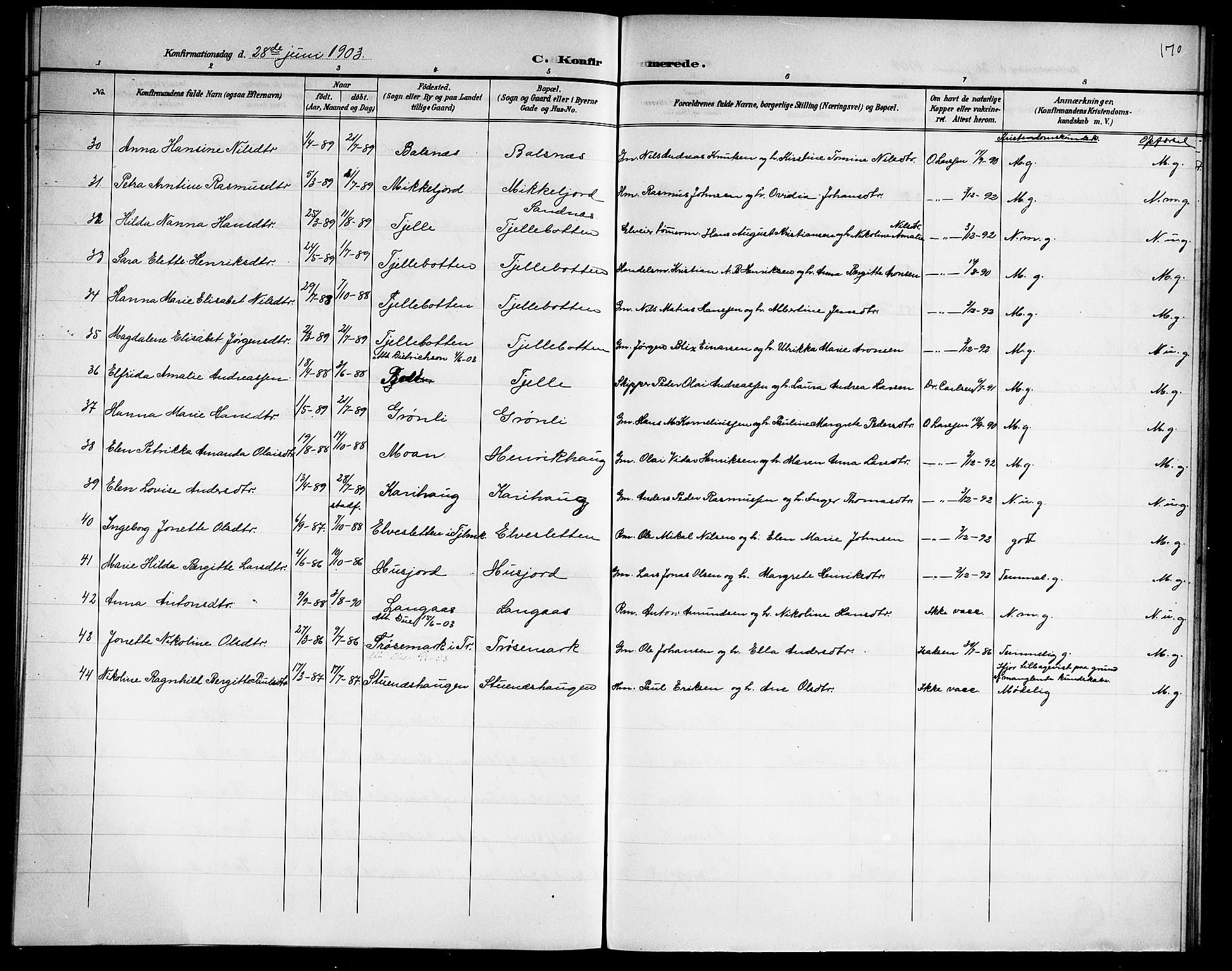 Ministerialprotokoller, klokkerbøker og fødselsregistre - Nordland, AV/SAT-A-1459/863/L0915: Parish register (copy) no. 863C05, 1898-1907, p. 170