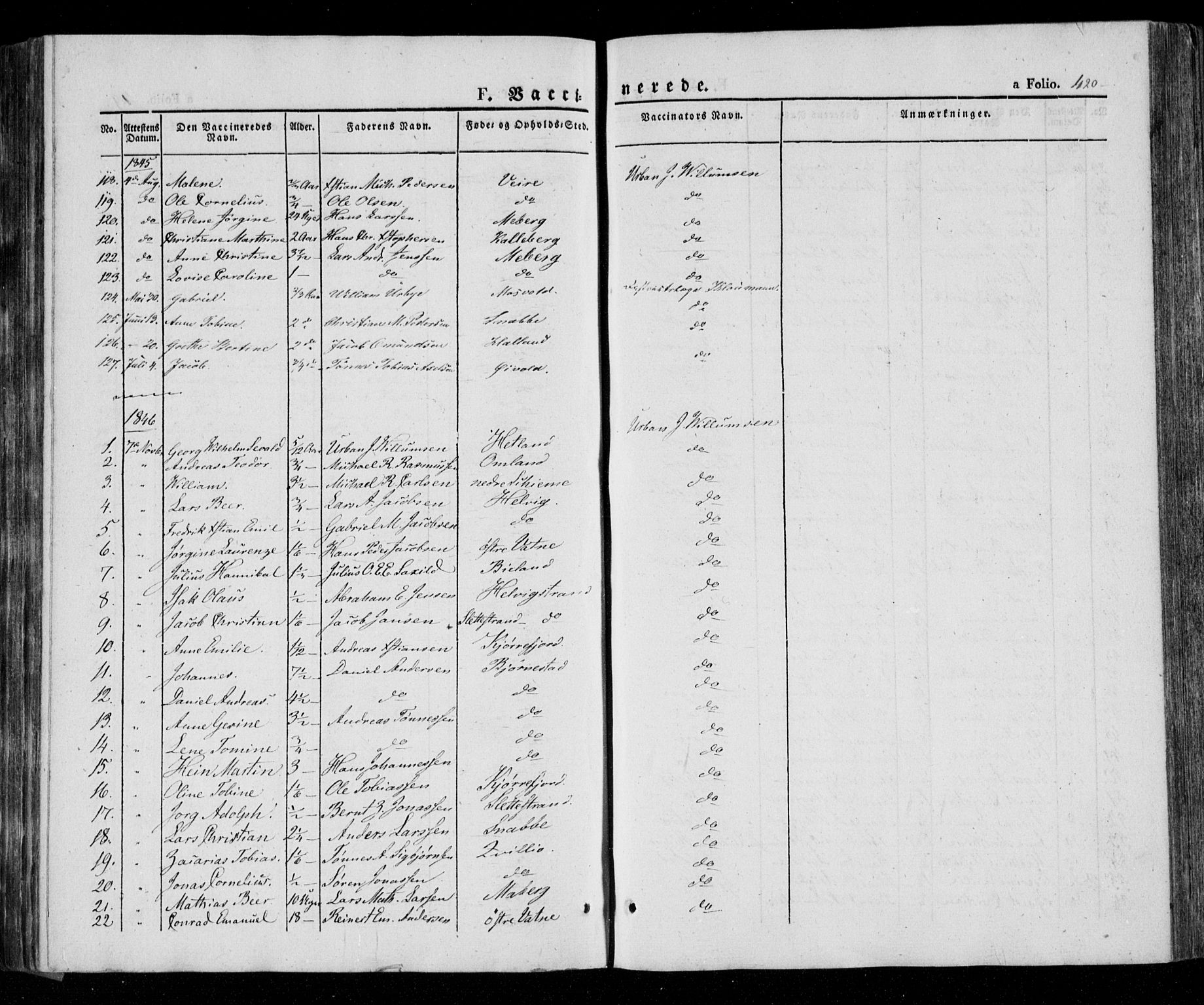 Lista sokneprestkontor, AV/SAK-1111-0027/F/Fa/L0009: Parish register (official) no. A 9, 1835-1846, p. 420