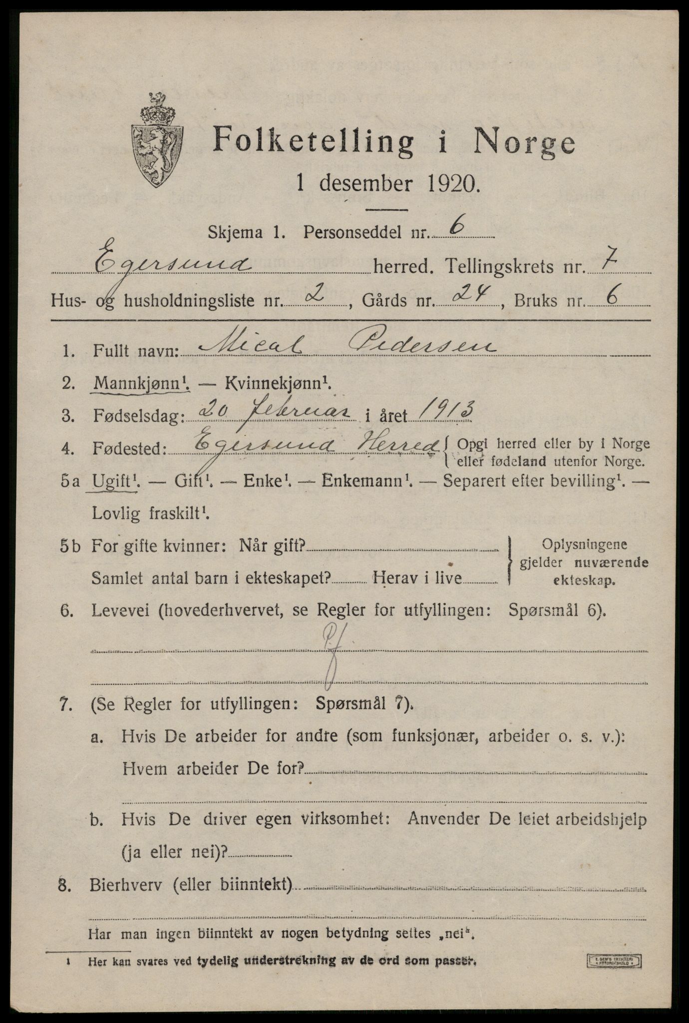 SAST, 1920 census for Eigersund, 1920, p. 4649