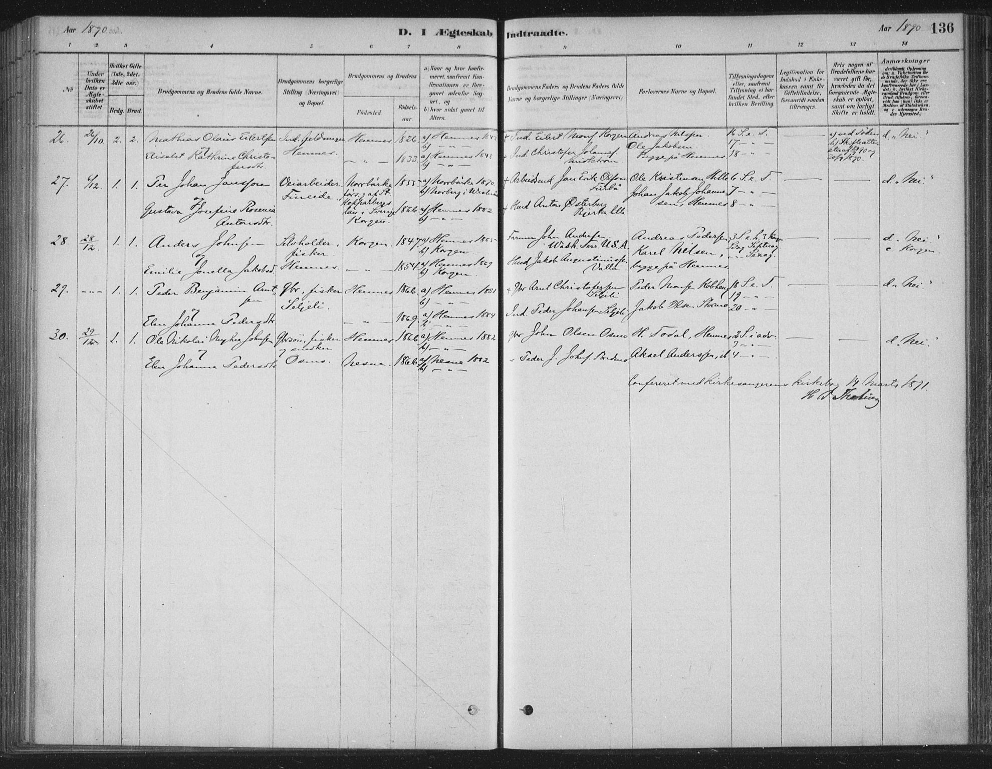 Ministerialprotokoller, klokkerbøker og fødselsregistre - Nordland, AV/SAT-A-1459/825/L0361: Parish register (official) no. 825A15, 1878-1893, p. 136