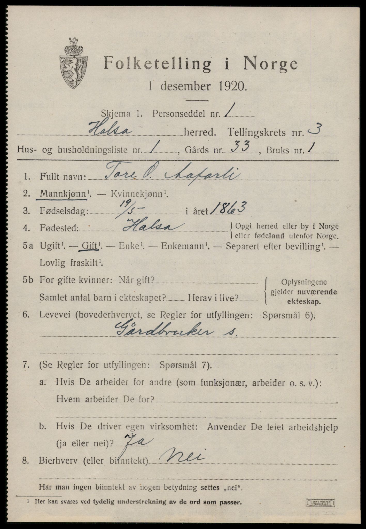 SAT, 1920 census for Halsa, 1920, p. 1102