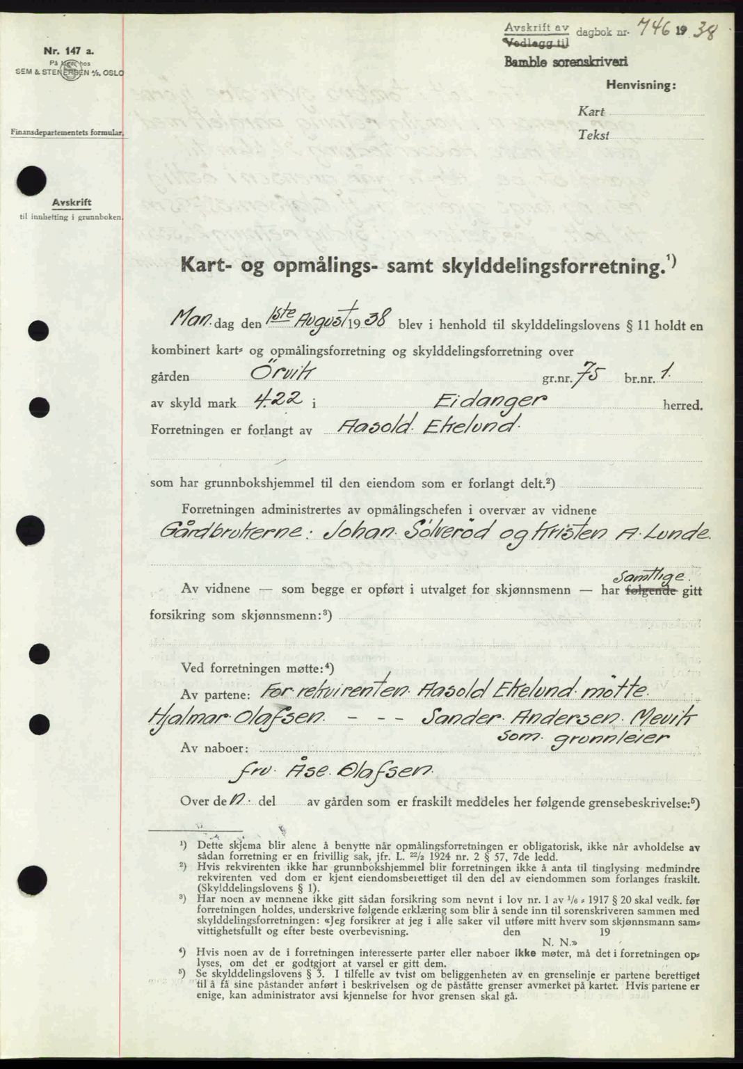 Bamble sorenskriveri, AV/SAKO-A-214/G/Ga/Gag/L0002: Mortgage book no. A-2, 1937-1938, Diary no: : 746/1938