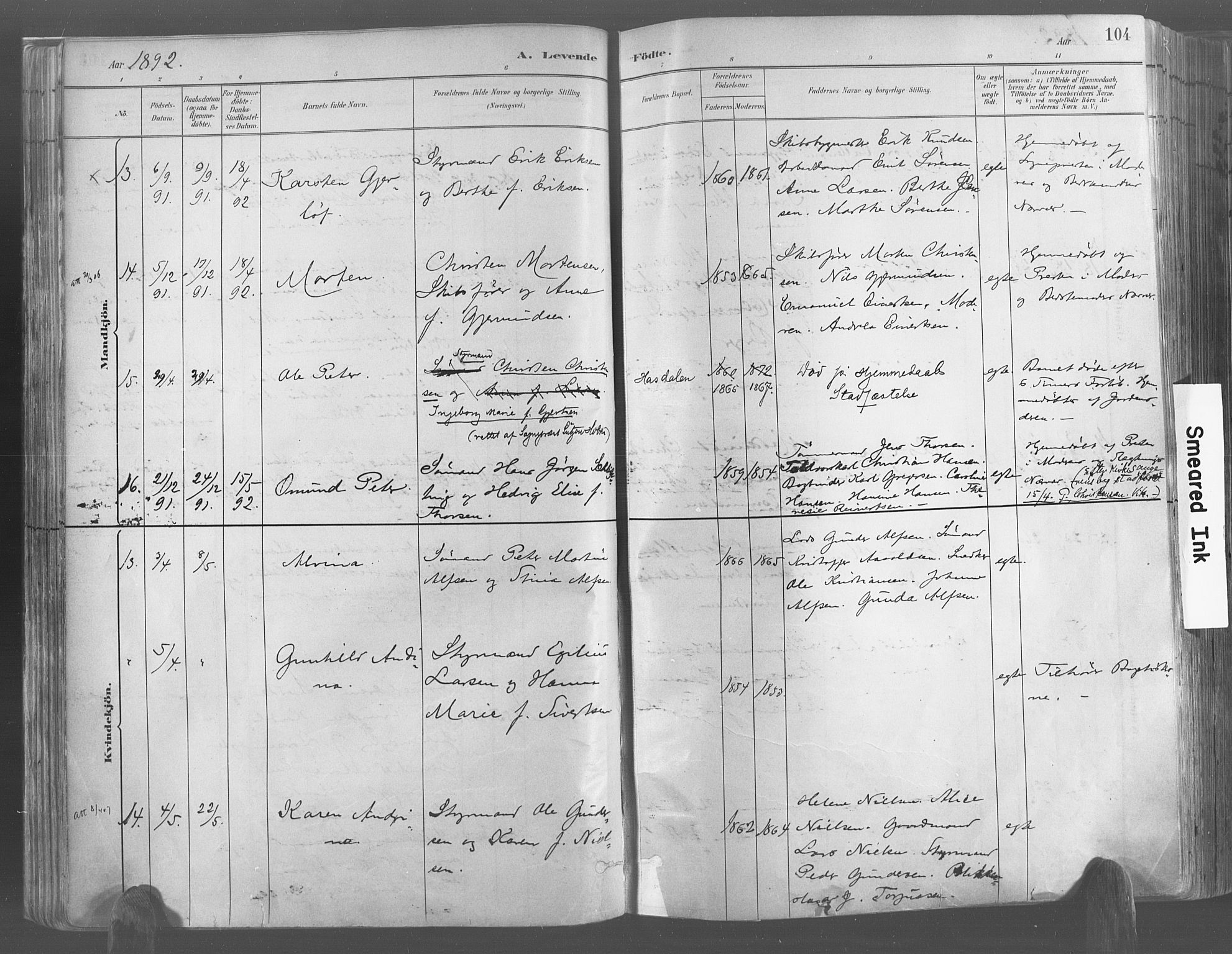 Risør sokneprestkontor, SAK/1111-0035/F/Fa/L0005: Parish register (official) no. A 5, 1883-1895, p. 104