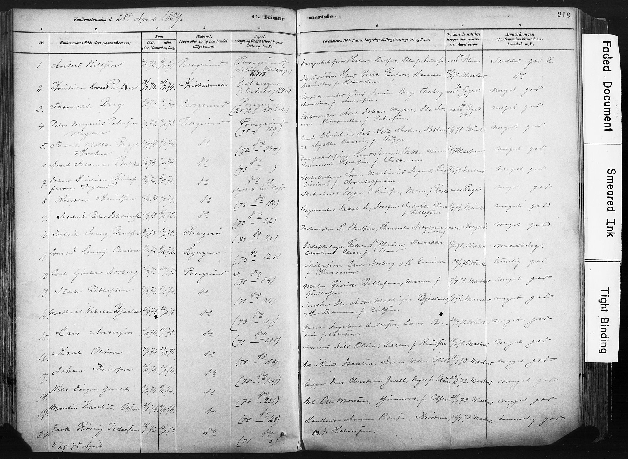 Porsgrunn kirkebøker , SAKO/A-104/F/Fa/L0008: Parish register (official) no. 8, 1878-1895, p. 218