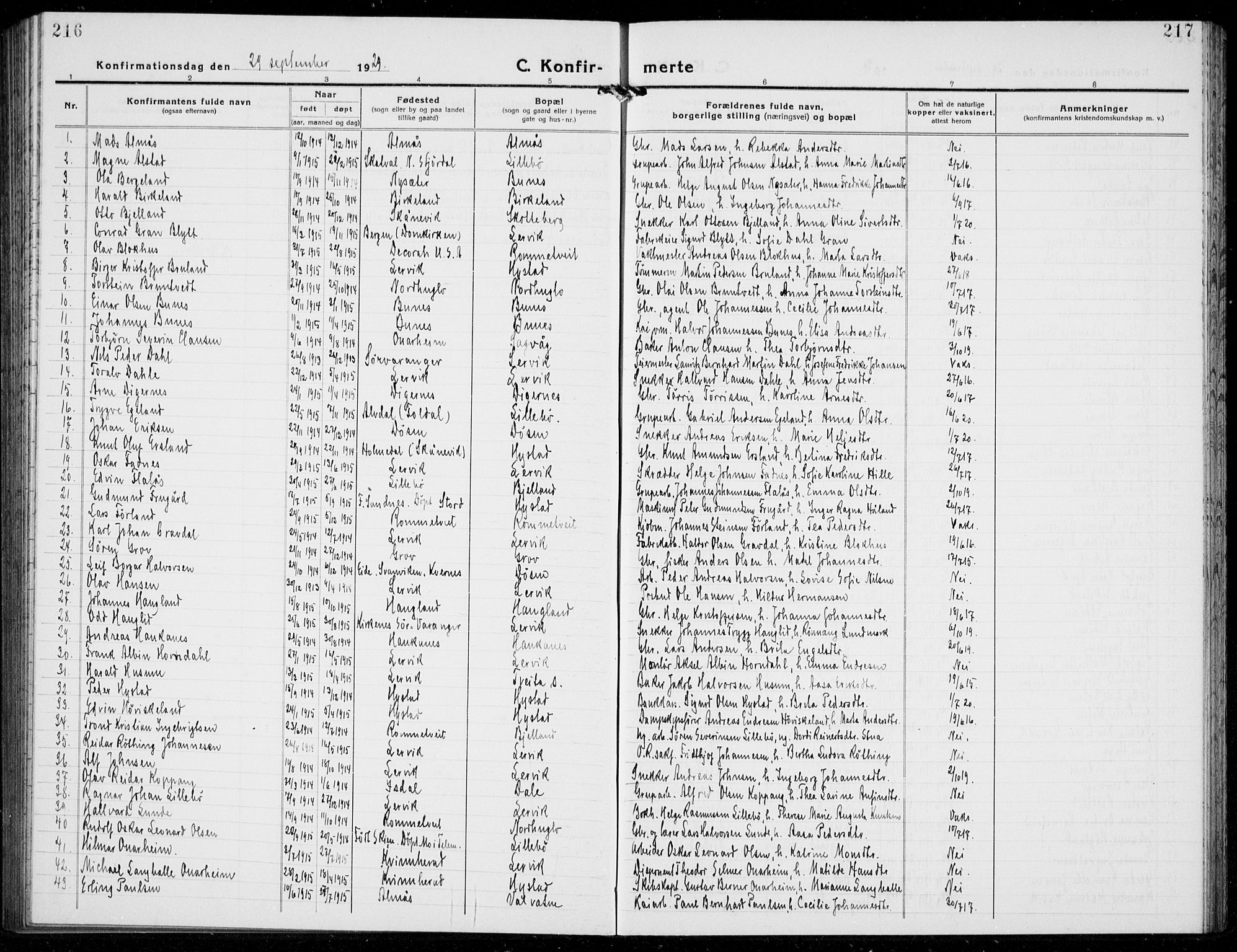 Stord sokneprestembete, SAB/A-78201/H/Hab: Parish register (copy) no. A 4, 1919-1933, p. 216-217