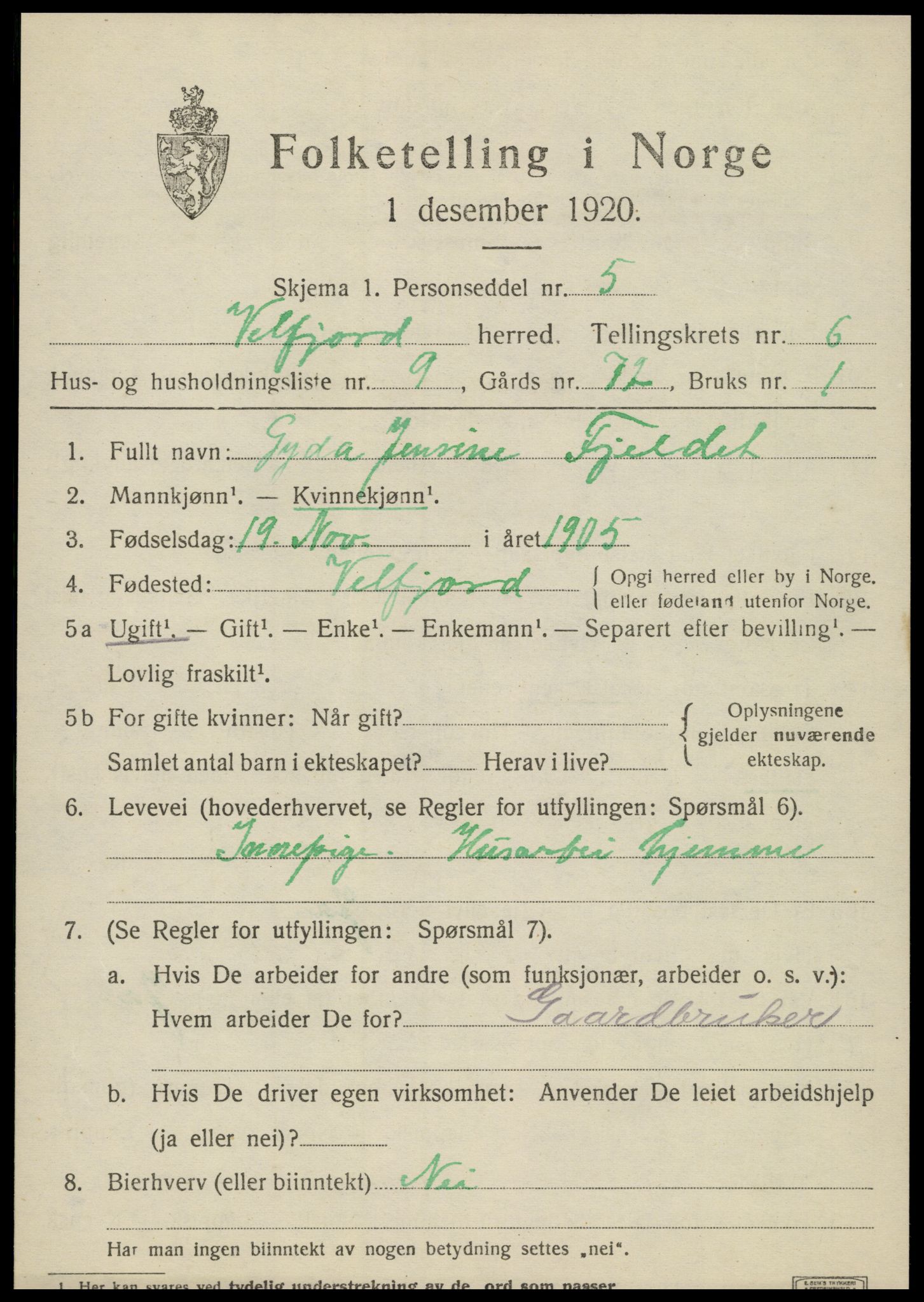 SAT, 1920 census for Velfjord, 1920, p. 3497