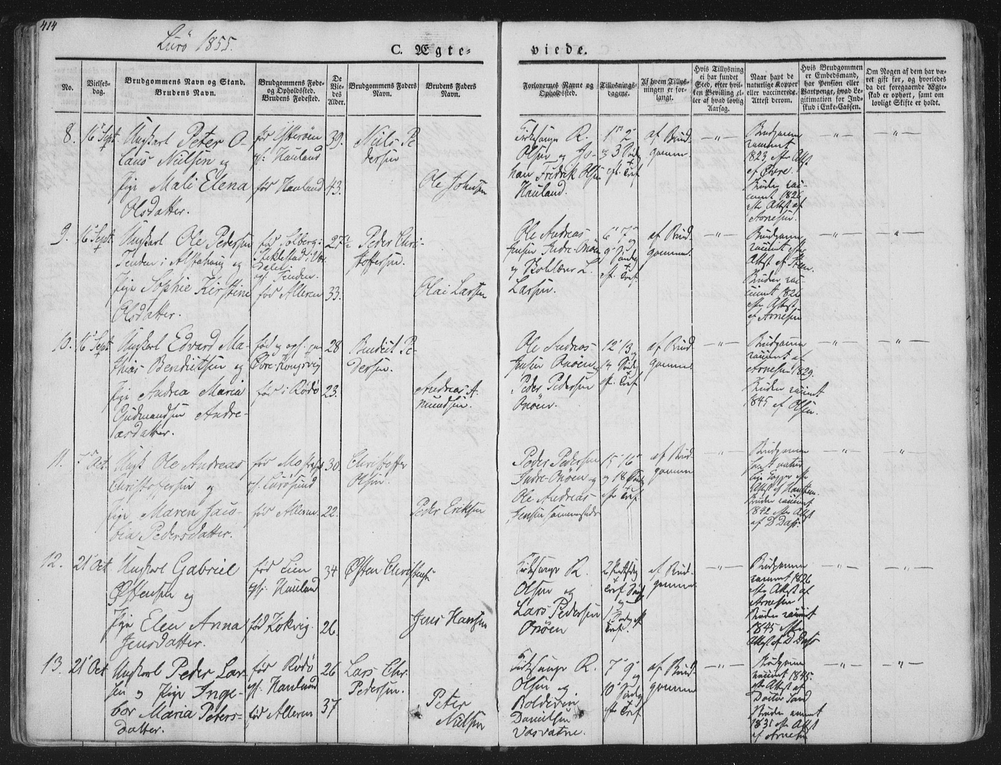 Ministerialprotokoller, klokkerbøker og fødselsregistre - Nordland, AV/SAT-A-1459/839/L0566: Parish register (official) no. 839A03, 1825-1862, p. 414