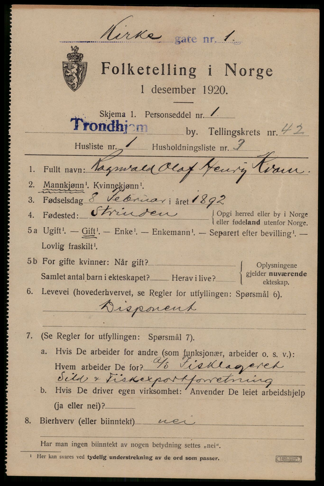 SAT, 1920 census for Trondheim, 1920, p. 92088