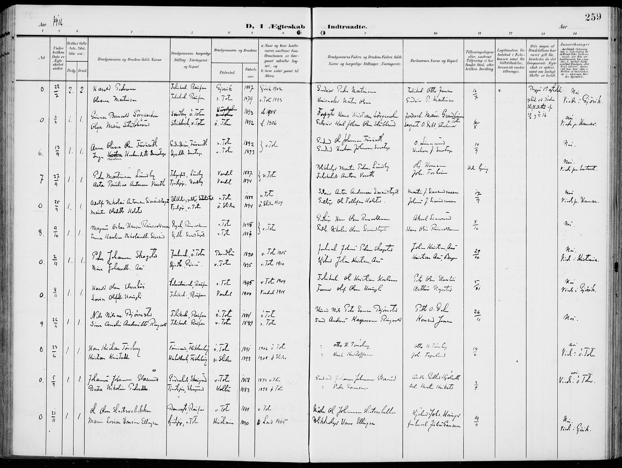 Vestre Toten prestekontor, AV/SAH-PREST-108/H/Ha/Haa/L0014: Parish register (official) no. 14, 1907-1920, p. 259