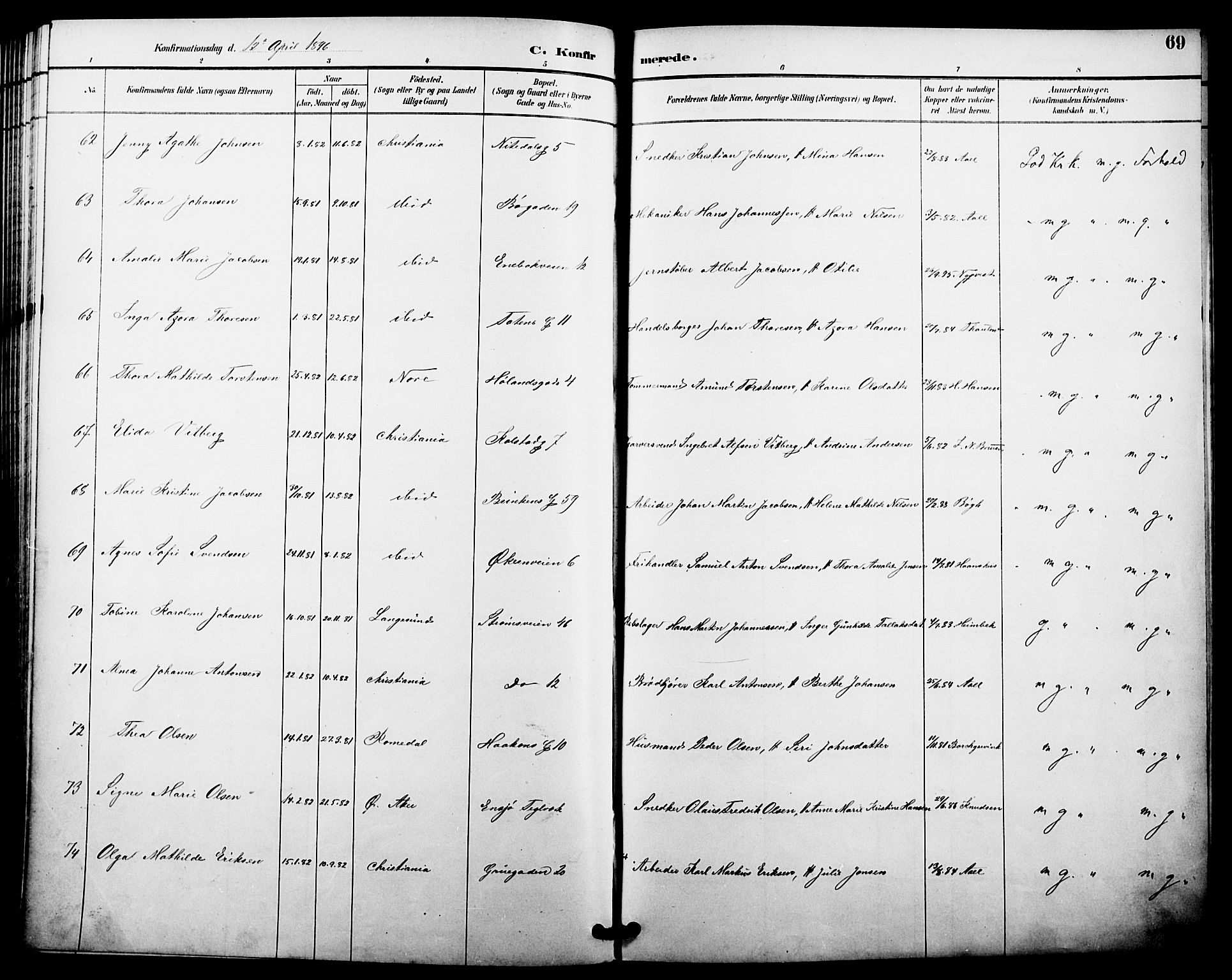 Kampen prestekontor Kirkebøker, AV/SAO-A-10853/F/Fa/L0008: Parish register (official) no. I 8, 1892-1902, p. 69