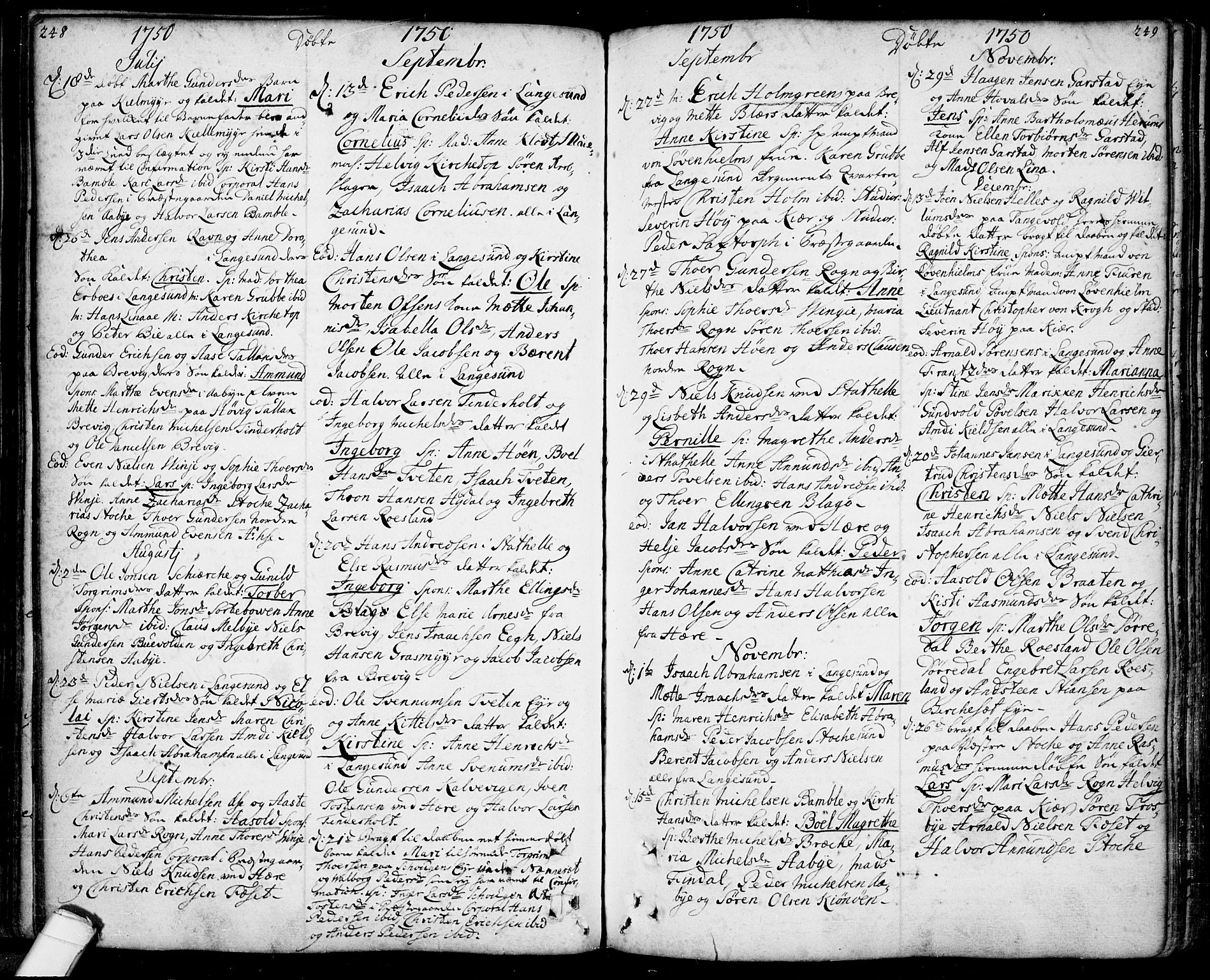 Bamble kirkebøker, SAKO/A-253/F/Fa/L0001: Parish register (official) no. I 1, 1702-1774, p. 248-249