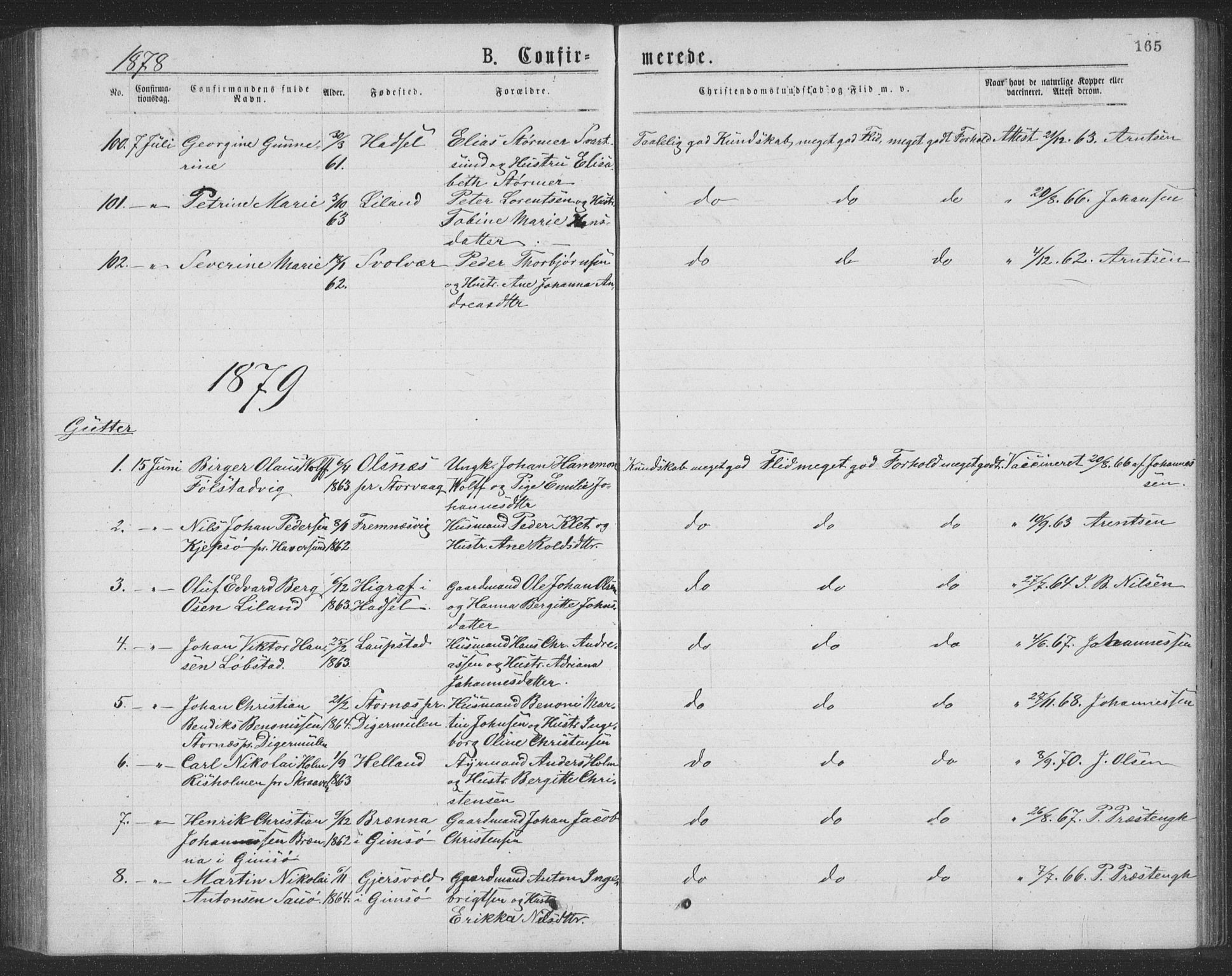 Ministerialprotokoller, klokkerbøker og fødselsregistre - Nordland, AV/SAT-A-1459/874/L1075: Parish register (copy) no. 874C04, 1876-1883, p. 165