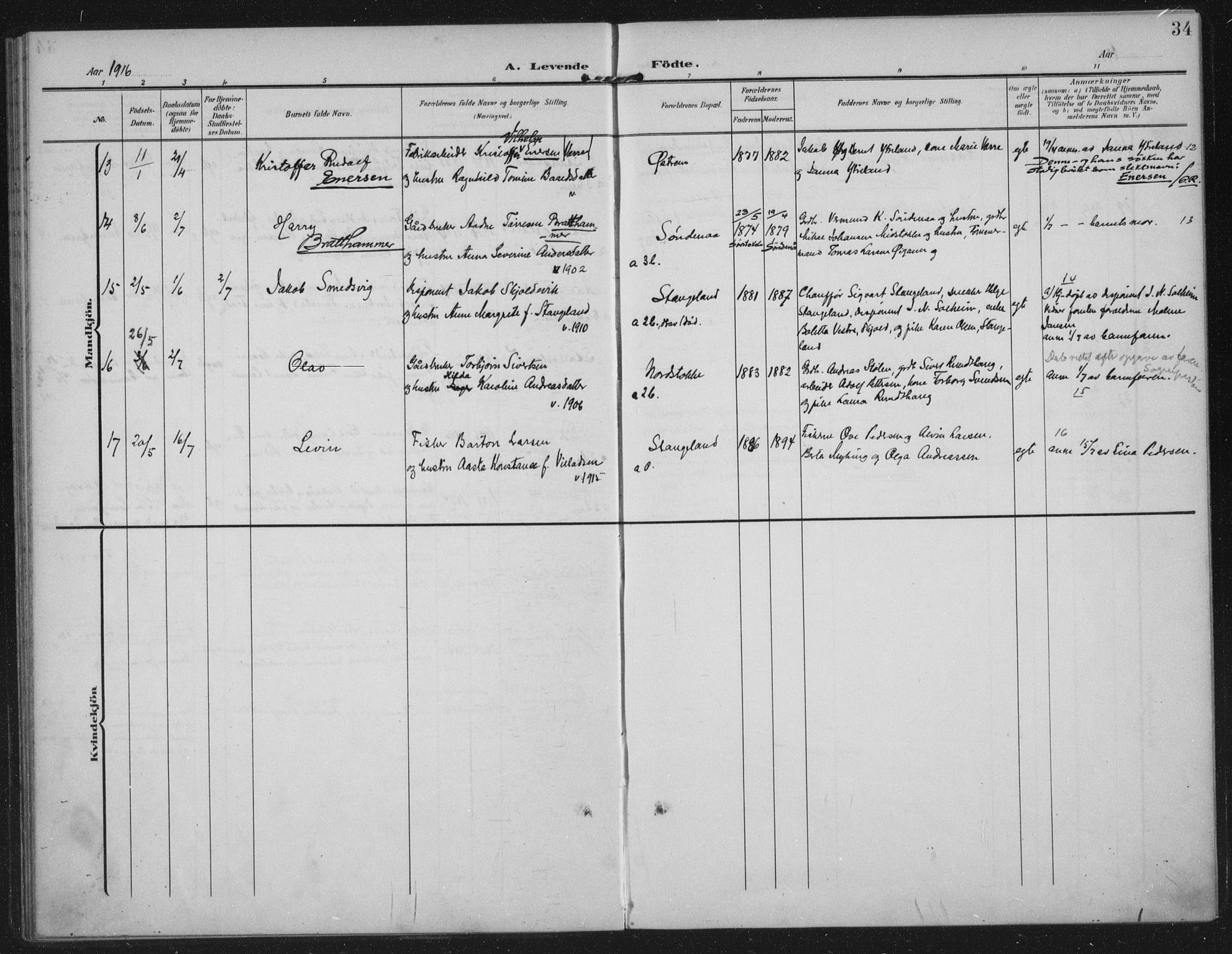 Kopervik sokneprestkontor, AV/SAST-A-101850/H/Ha/Haa/L0003: Parish register (official) no. A 3, 1906-1924, p. 34