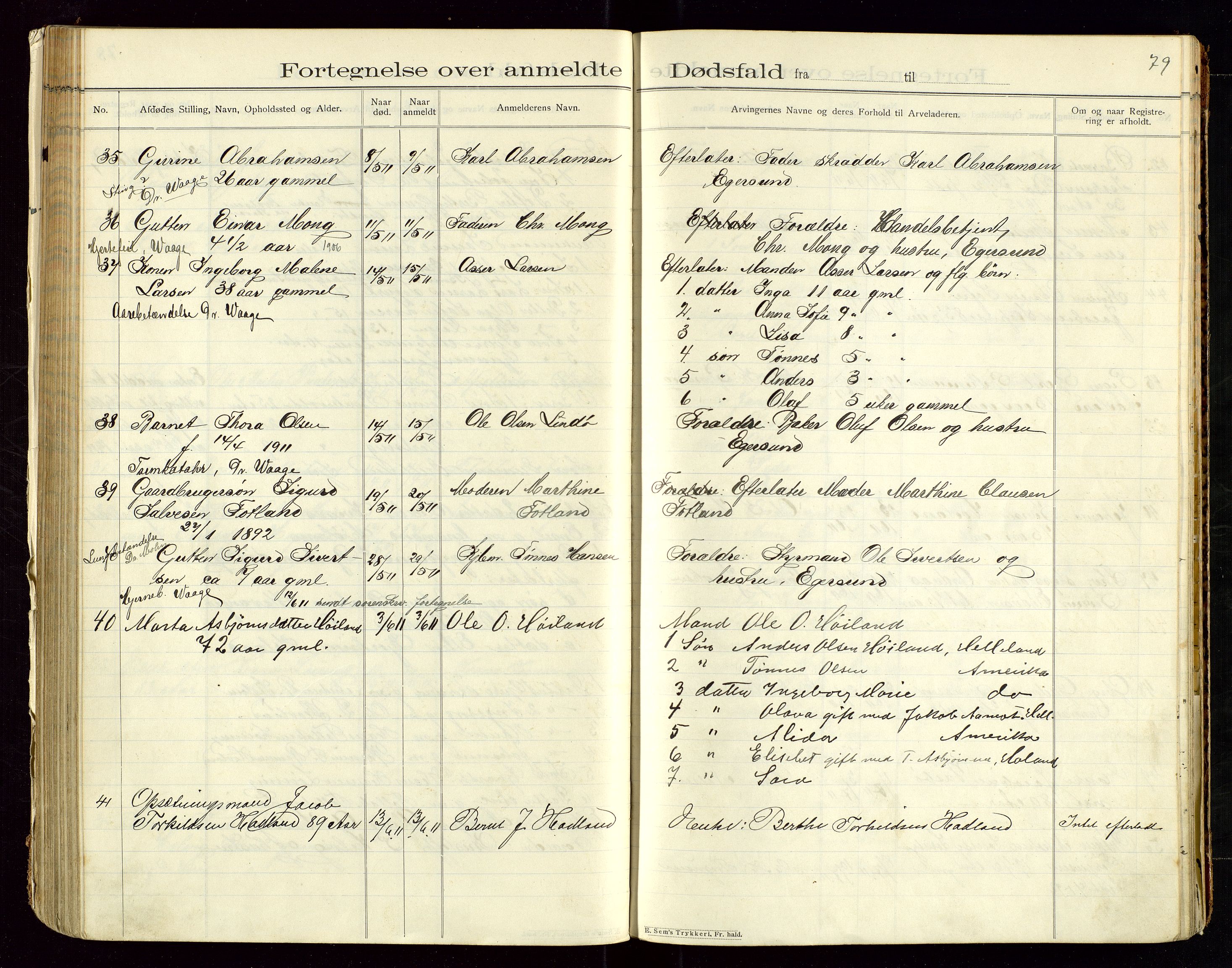 Eigersund lensmannskontor, AV/SAST-A-100171/Gga/L0005: "Dødsfalds-Protokol" m/alfabetisk navneregister, 1905-1913, p. 79