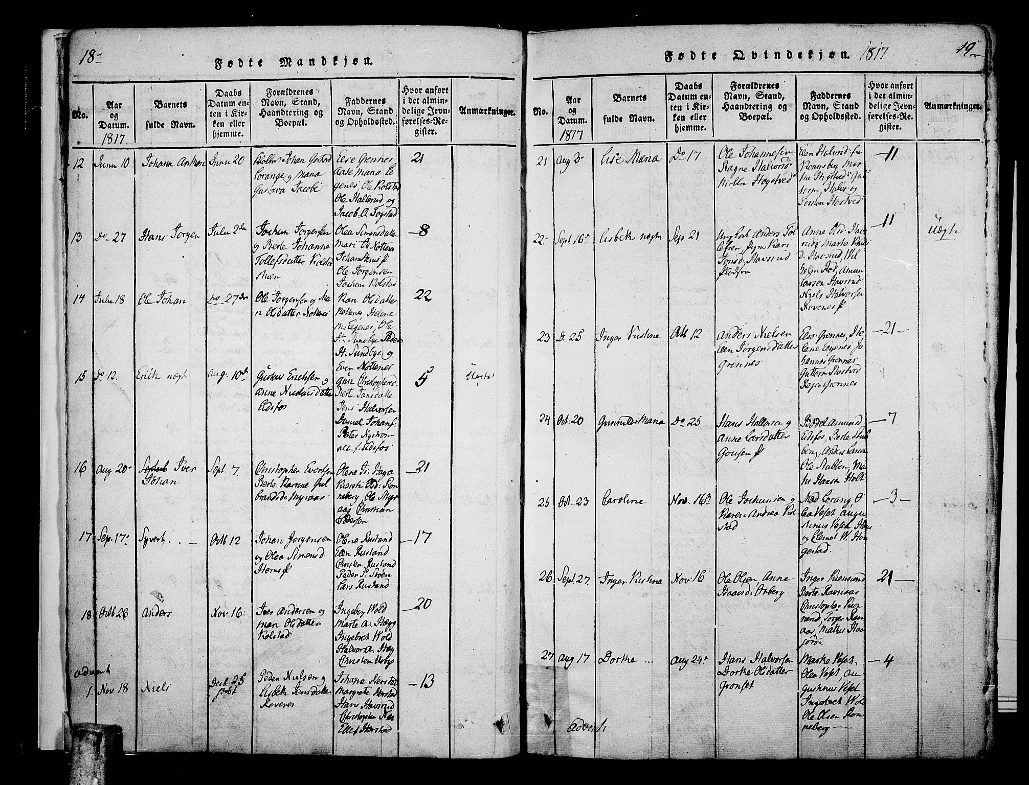 Hof kirkebøker, AV/SAKO-A-64/F/Fa/L0004: Parish register (official) no. I 4, 1814-1843, p. 18-19